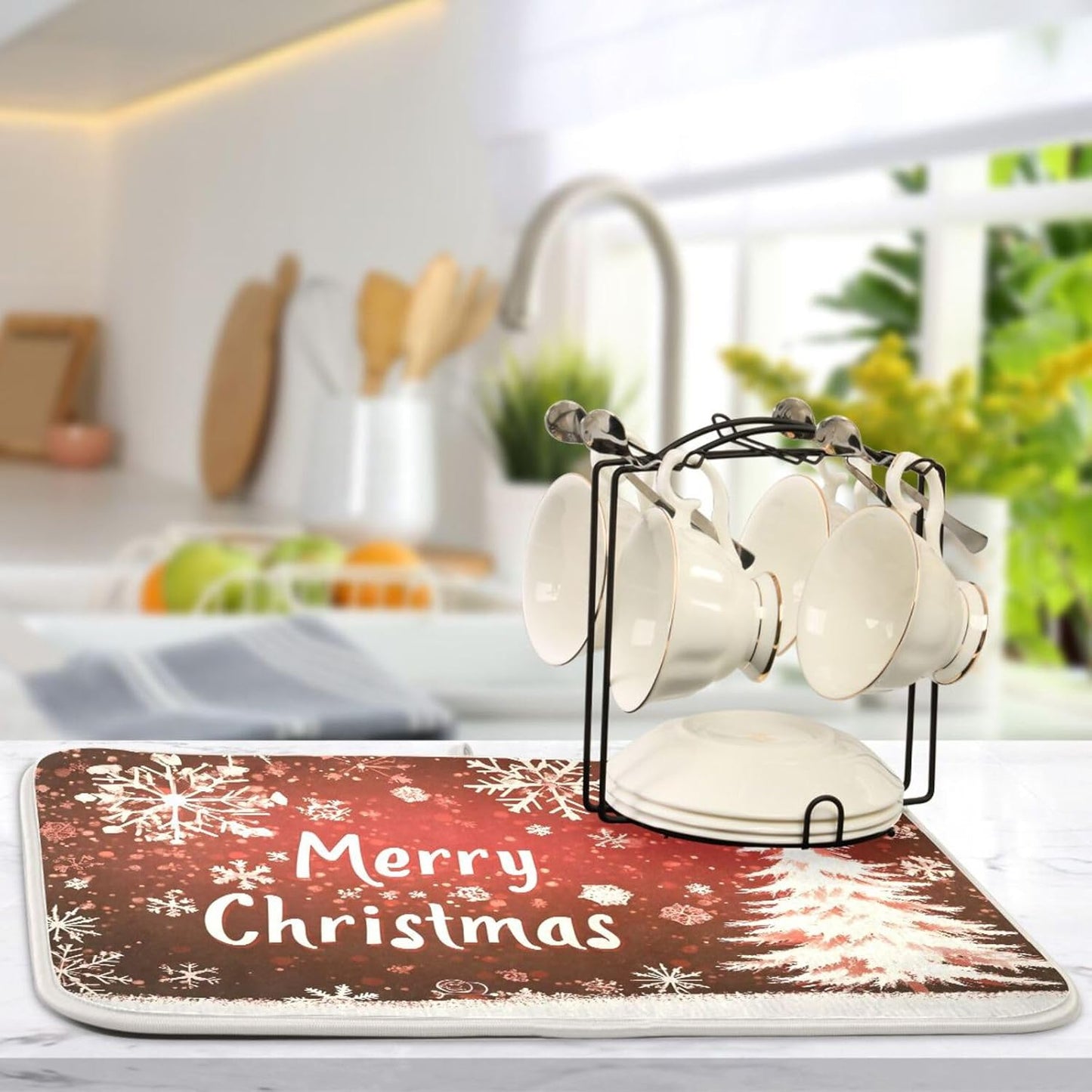 Christmas Dish Drying Mat Red Brown Snowflakes White Tree Wood Christmas Dish Drainer Mat for Kitchen Counter Drying Mat 16 x 18 Inch Absorbent Microfiber Dish Mat