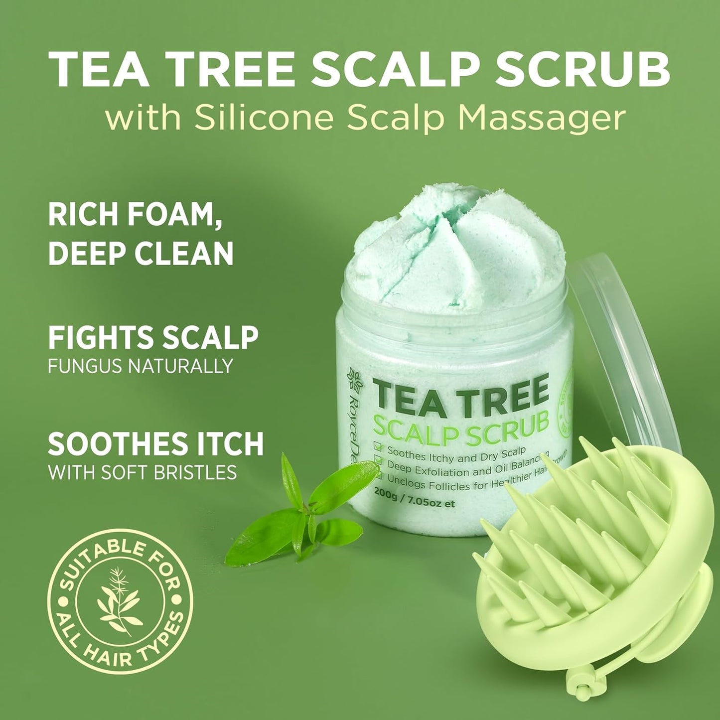 Roycederm Tea Tree Scalp Scrub with Scalp Massager Brush - Deep Cleansing, Itchy Relief Scalp Treatment for Dandruff, Psoriasis & Seborrheic Dermatitis - Gently Exfoliator, Relieves Dryness