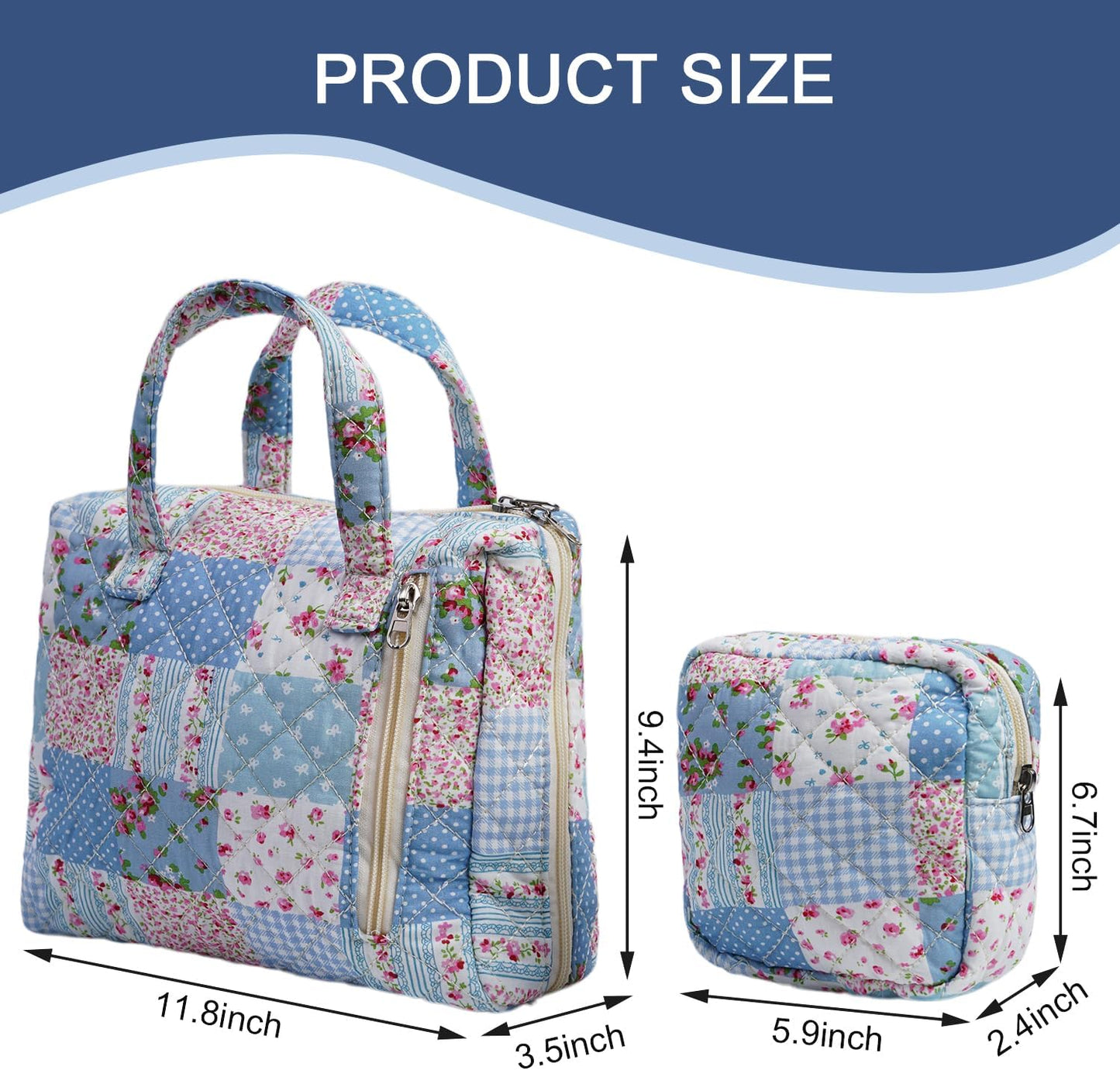 Cute Quilted Floral Makeup Bag(2Pcs)，Coquette Aesthetic Cosmetic Bag，Travel Toiletry Bags， Kawaii Aesthetic pouch for Women (15-GridRose)