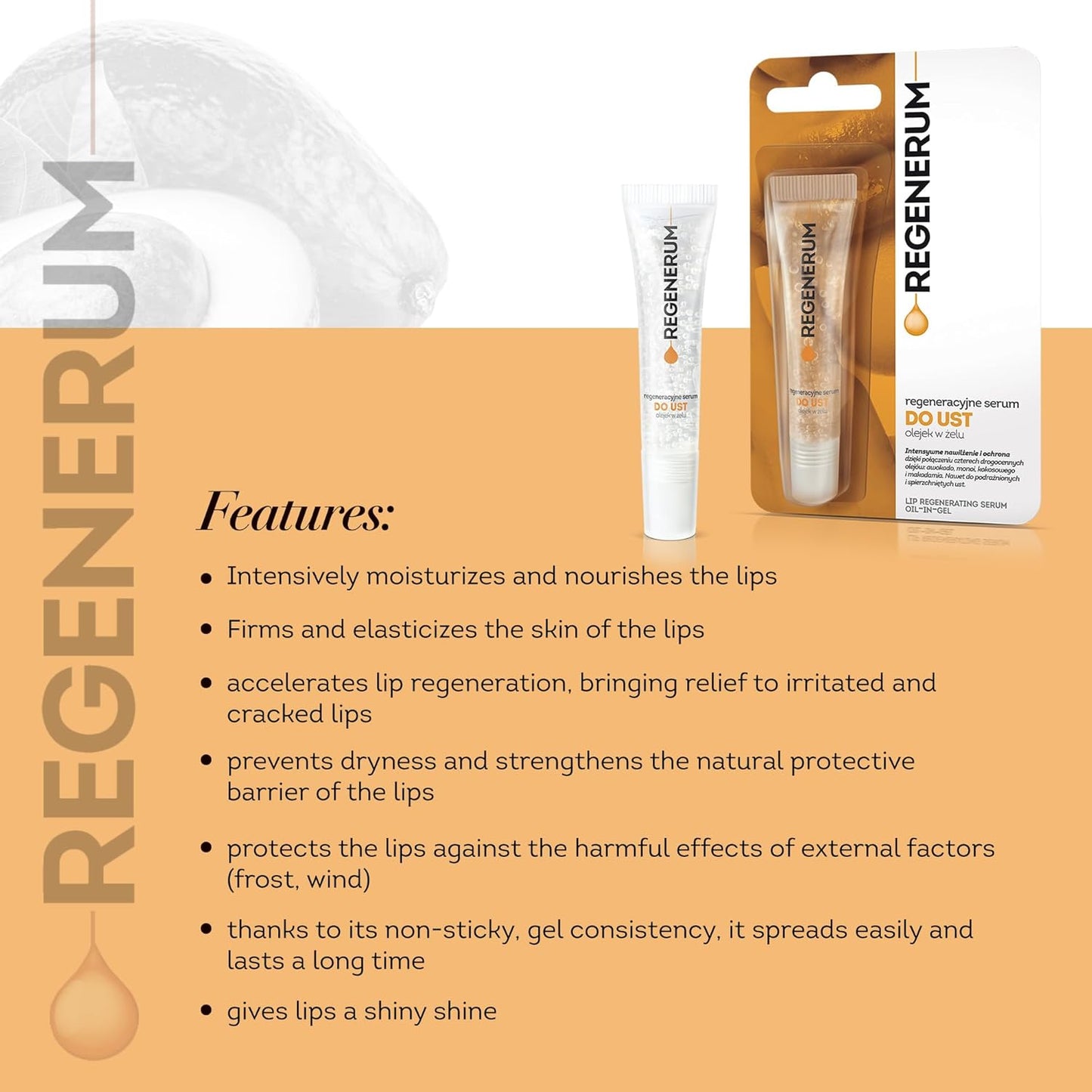 Regenerative Lip Serum Gel Oil - Intensive Hydration and Nourishment for Dry, Chapped Skin, 4 Precious Oils Blend - 8ml