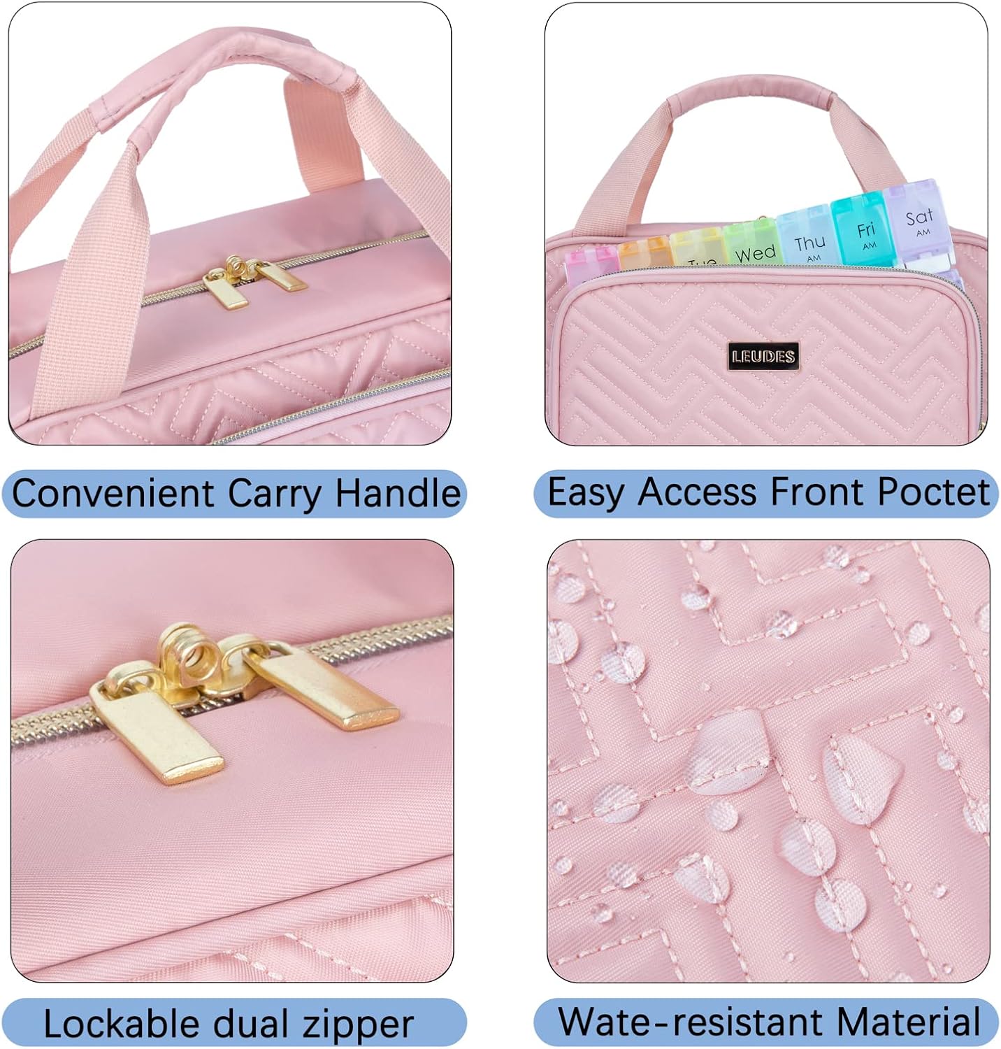 Leudes Travel Pill Bottle Organizer,Medicine Organizer and Storage,Home Medication Bag, Cases,Carrier for Pills,Vitamin,Fish Oil,Supplements for Women and Men (Medium, Pink)