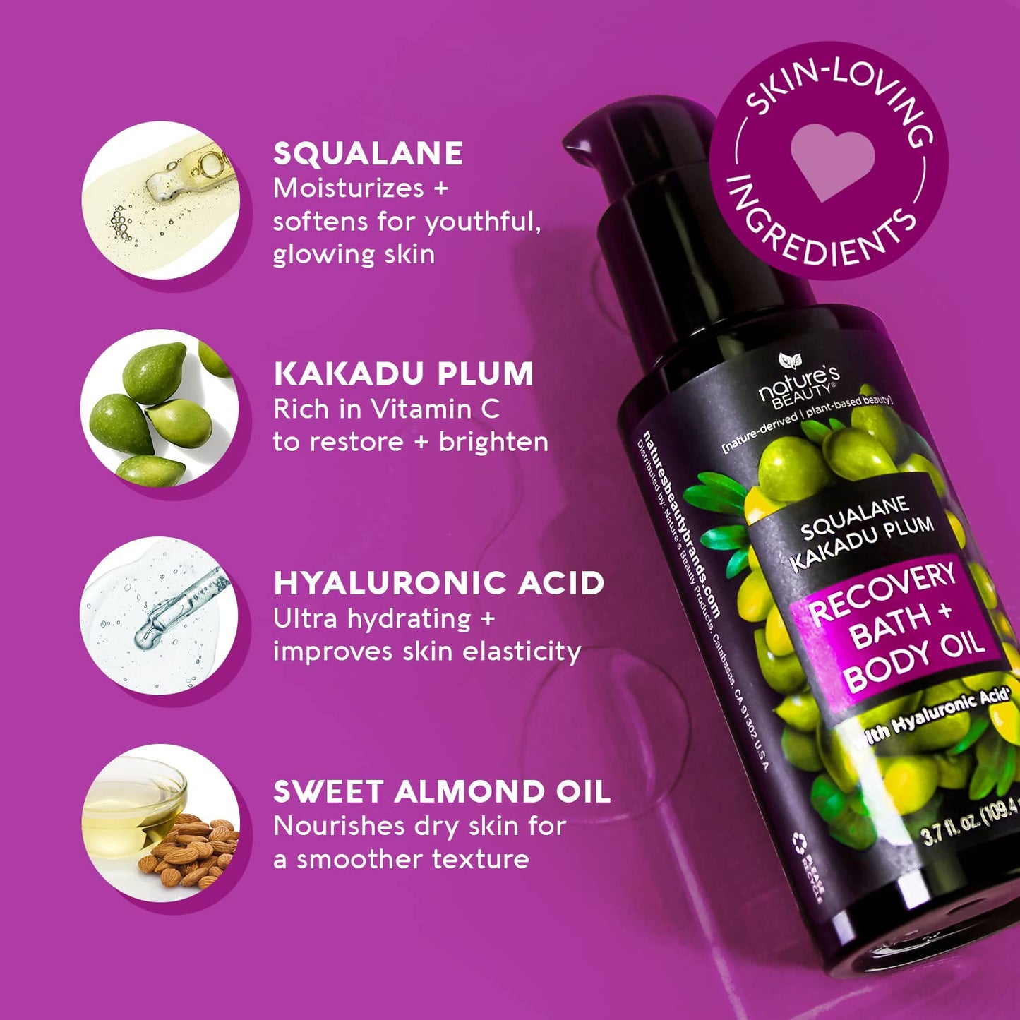 Nature's Beauty Squalane Kakadu Plum Recovery Bath + Body Oil Multi-Pack - Restore & Nourish your Skin, Quick-Absorbing, Made w/Hyaluronic Acid + Vitamin C + Almond Oil, 3.7 fl oz (2 Pack)