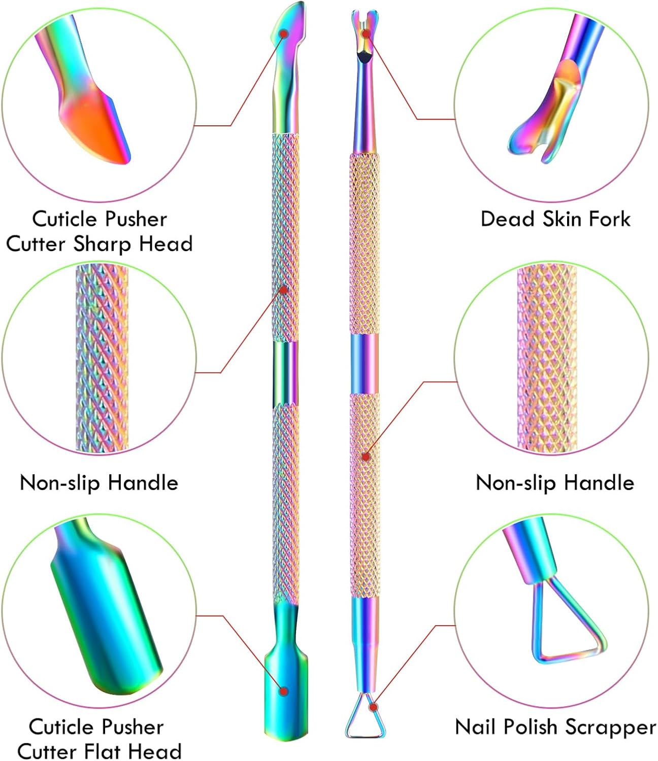 2PCS Cuticle Pusher and Cutter Remover, Xunxmas Salon Nail Scraper for Gel Polish, Stainless Steel Manicure and Pedicure Cleaner Tool for Fingernail and Toenail (Colorful)