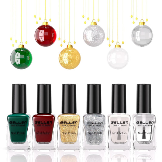 Gellen Christmas Nail Polish With Base Top Coat, Winter Air Dry Regular Nail Lacquer Polish Red Green Gold Silver Glitter 4-Color Set, For Finger Toe Nails Home Salon, Not UV Gel, Hema Free, Non-toxic