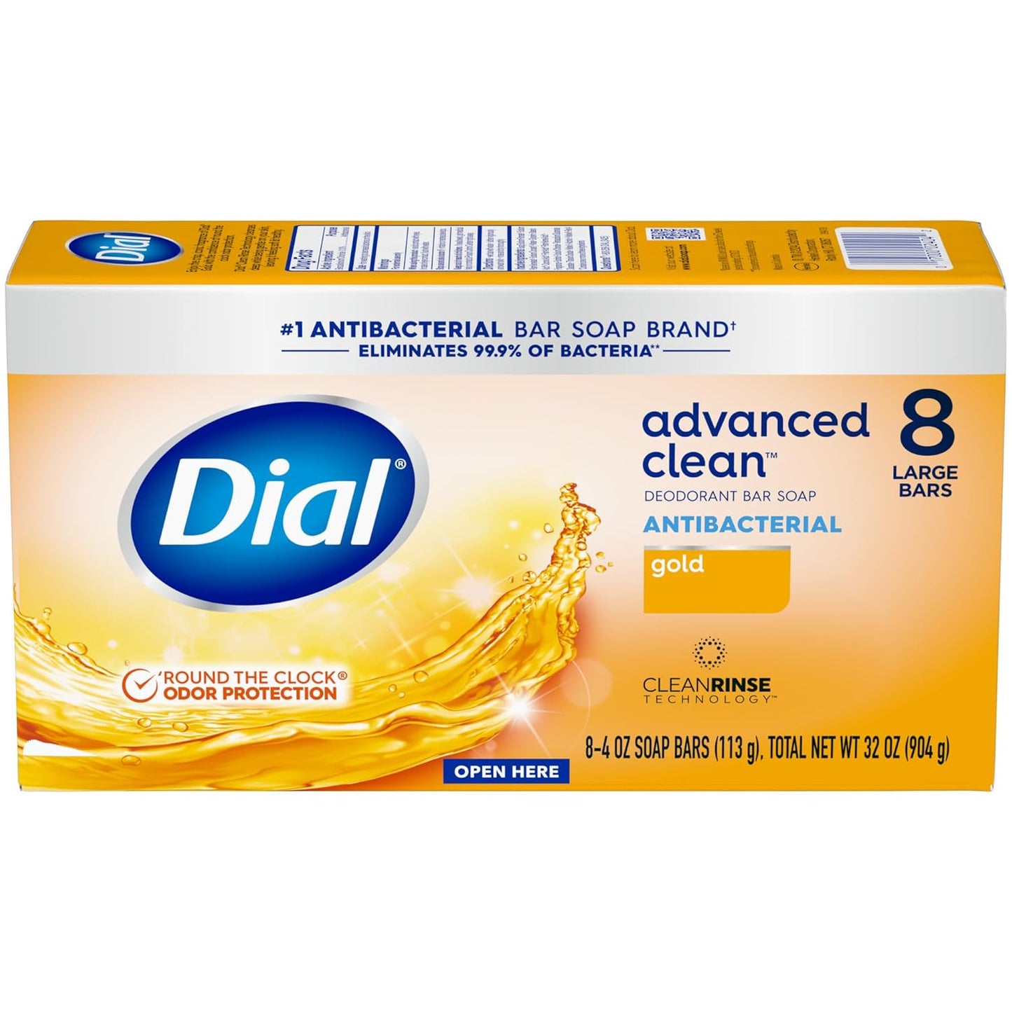 Dial Antibacterial Deodorant Bar Soap, Advanced Clean, Gold, 4 Oz, 32 Bars