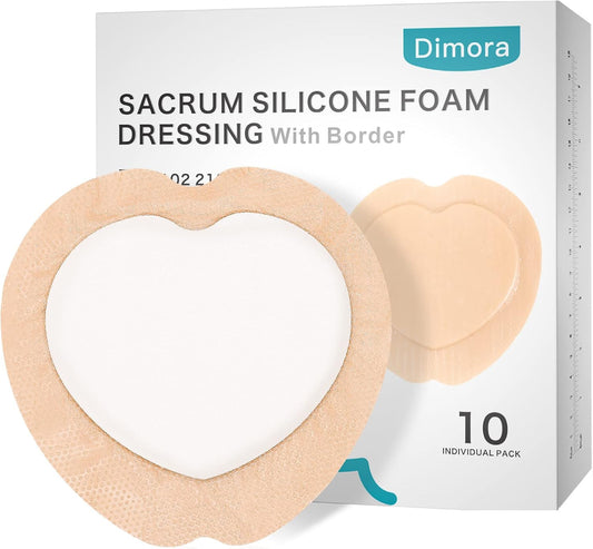 Dimora 10 Pack Wound Dressing Sacrum Foam Bandages Silicone Adhesive Border 7"x7" Waterproof Sacral Pads Absorbent Breathable Bed Sore Pressure Dressing