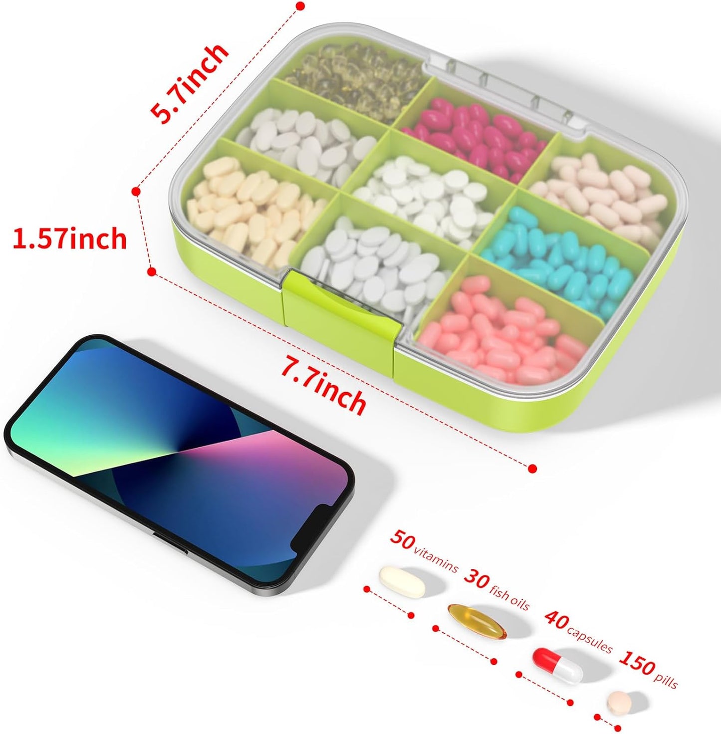 Restree Large Pill Organizer, Moisture Proof & Waterproof Travel Pill Case, Portable Medication Box with Adjustable Dividers for Vitamins Supplements Fish Oil and Daily Pills 9 Compartments (Green)