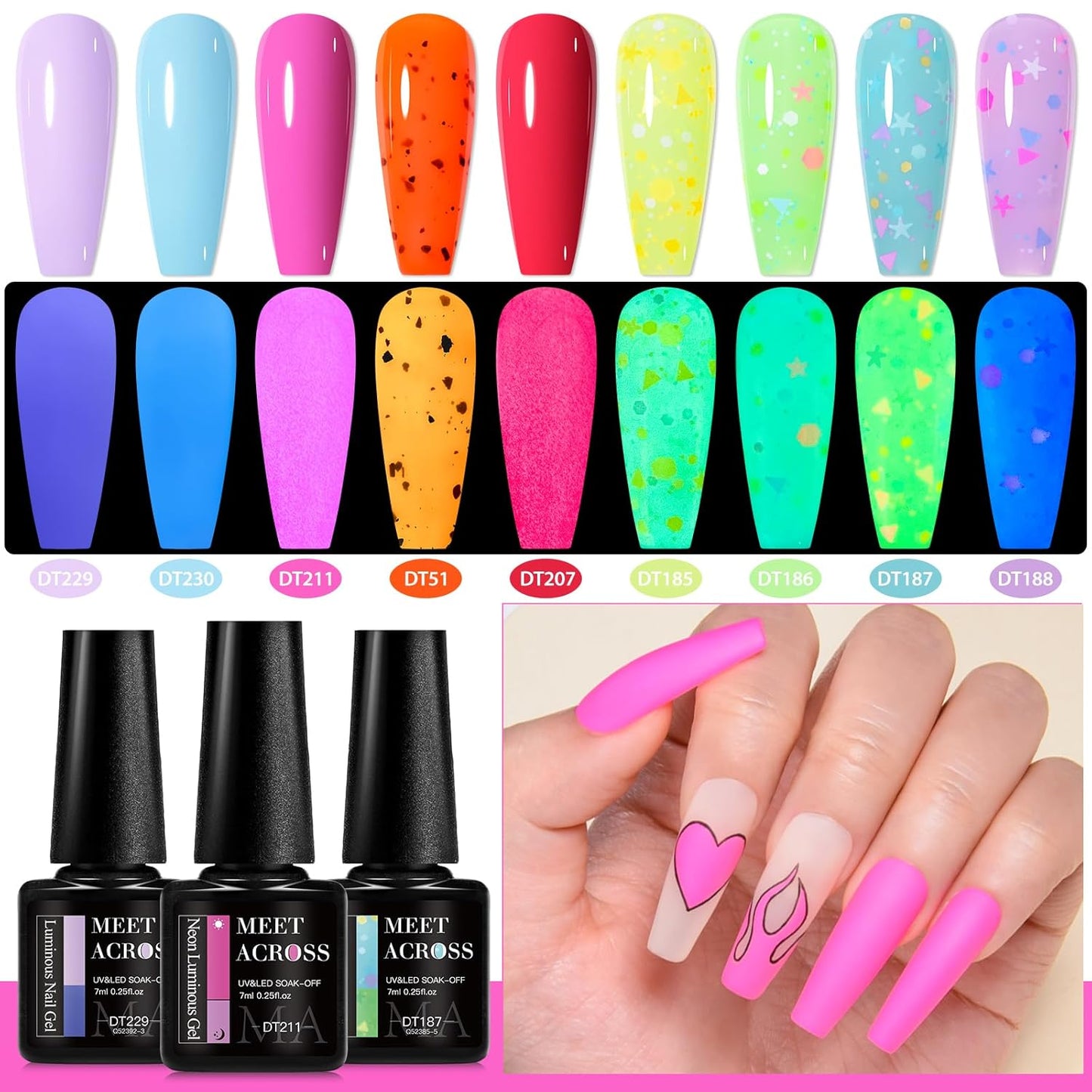 MEET ACROSS 9 Colors Gel Nail Polish + 3PCS Function Gel Nail Polish Kit,Fashion Nail Art Set Design Gifts for Women Manicure Salon (SET16, 12pcs)