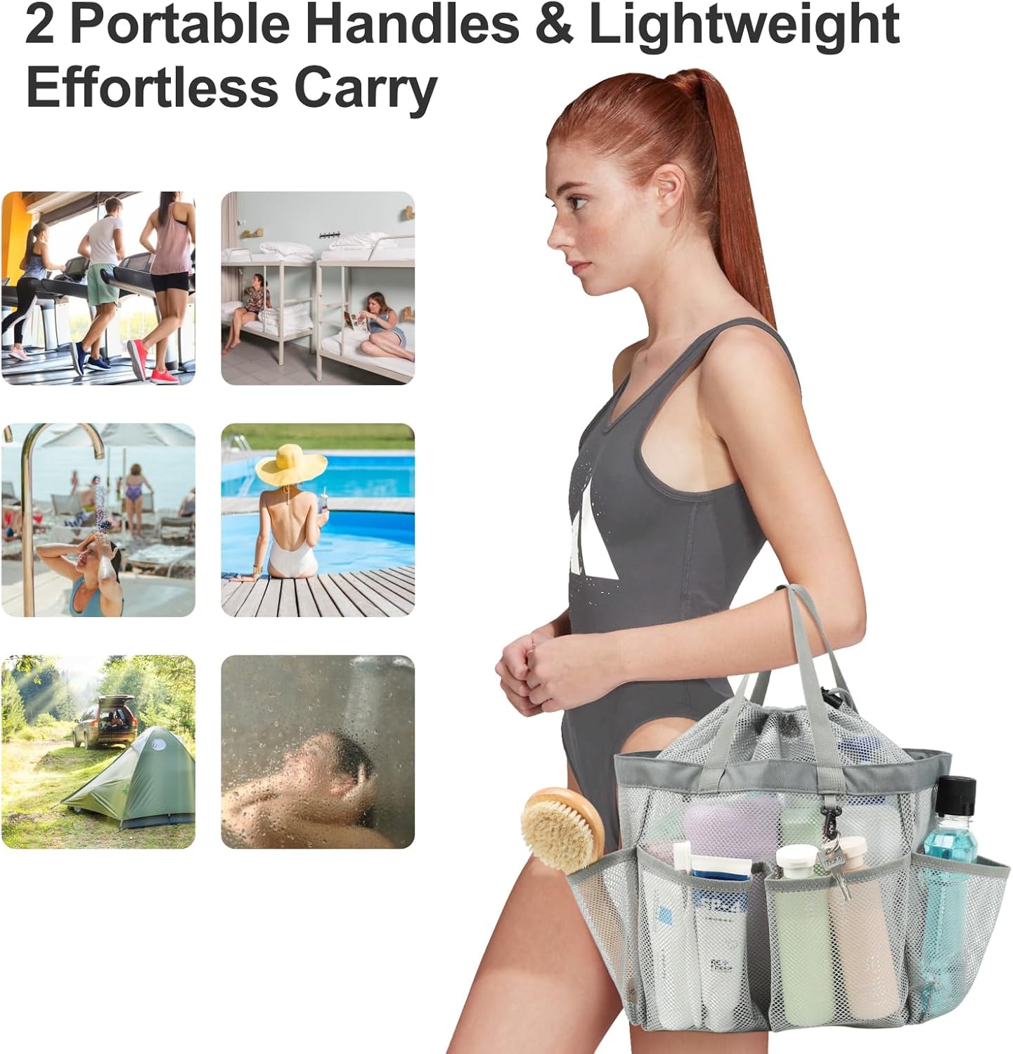 F-color Mesh Shower Caddy Portable with Drawstring - Upgrade Deeper 7 Pockets Dorm Room Essentials for Guys Girls with S Hook, Shower Bag Basket Tote for College Camping Toiletry Bathroom, Grey