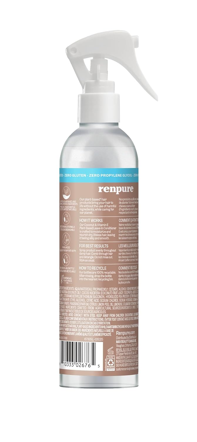 RENPURE Plant Based Natural Leave In Conditioner Spray - Hydrating Vitamin E & Coconut Oil Deep Conditioner for Hair & Beards - Sulfate Free, Anti Frizz, Heat Protectant Detangler Spray Leave In