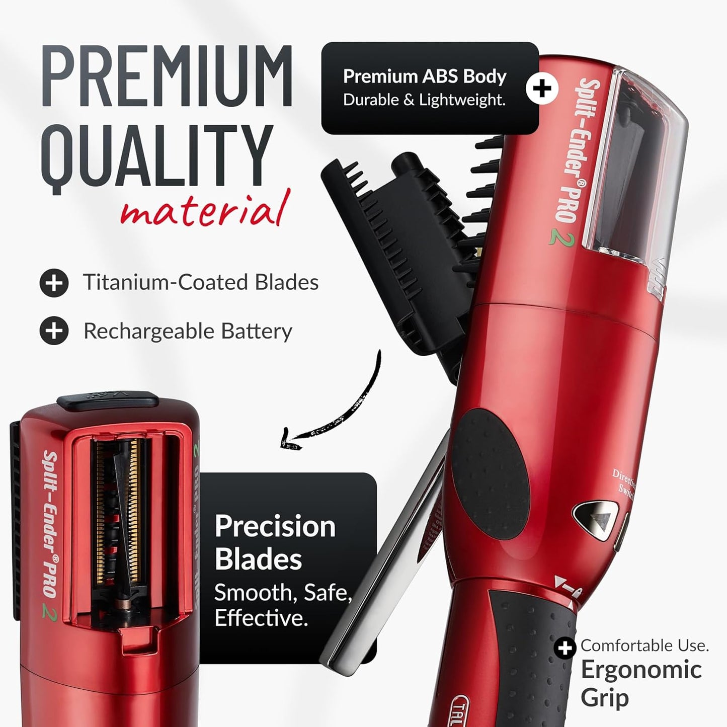 Split-Ender Pro 2 - Original Professional Beauty Tool - Cordless Split End Hair Trimmer for Damaged, Dry, Brittle, Frizzy, Curly or Straight Hair (Red)