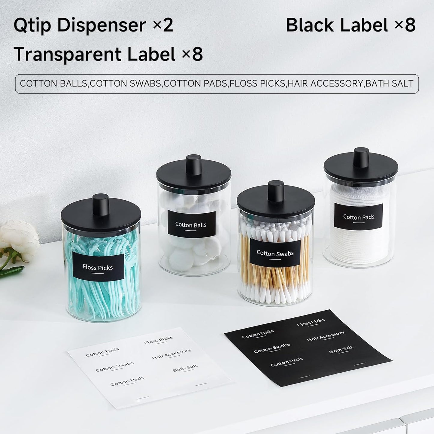 TIPGO Glass Qtip Holder Dispenser for Bathroom - 10 oz Clear Canister Apothecary Jar for Cotton Swabs, Balls, Pads, Floss Picks, Small Containers for Makeup Storage Organizer (2 Pack, Black)