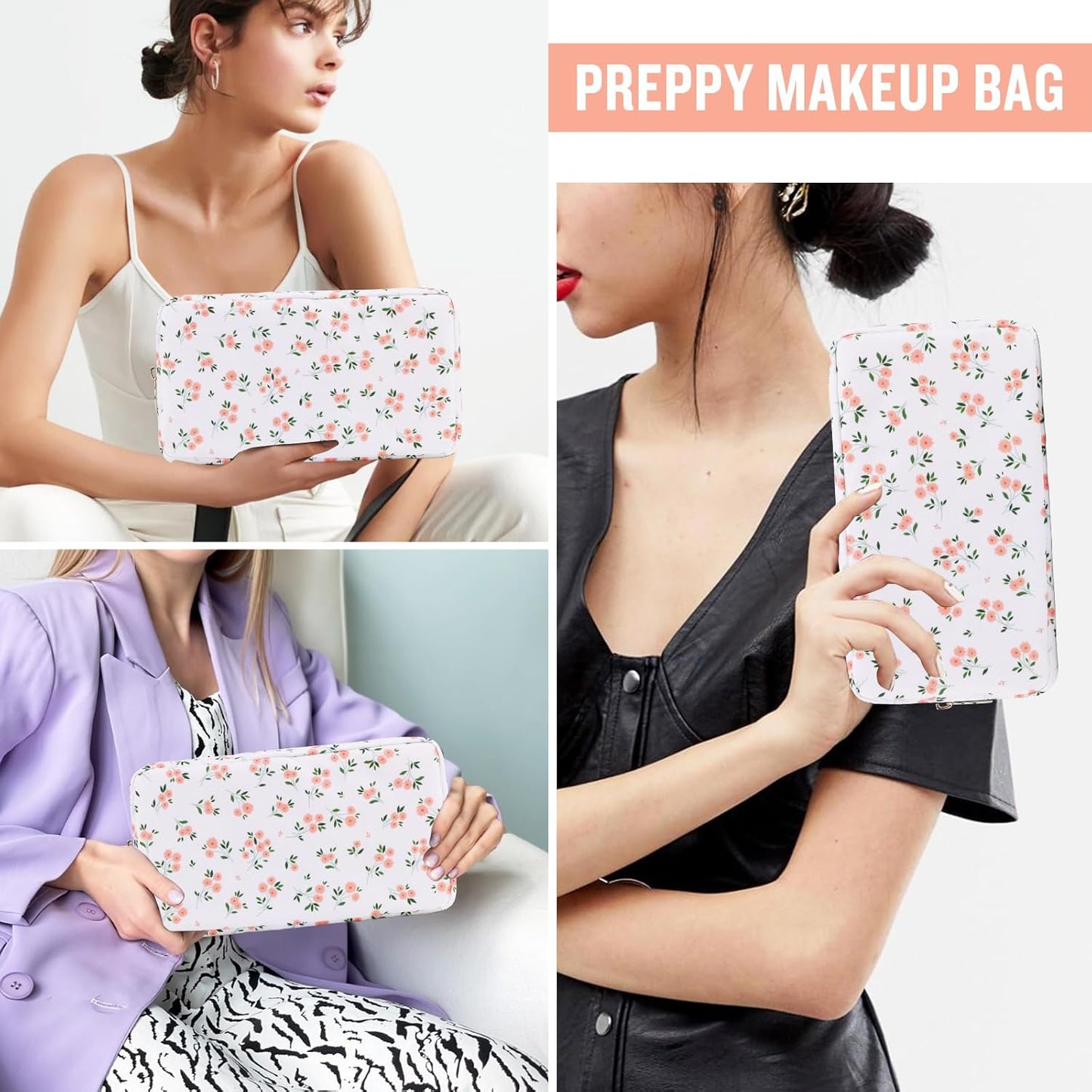 Nylon Small Floral Makeup Bag for Purse, Cute Preppy Travel Makeup Bag Flower Cosmetic Zipper Pouch Purse, Waterproof Toiletry Bag Make Up Organizer Storage Travel Essentials for Women(White-Floral)