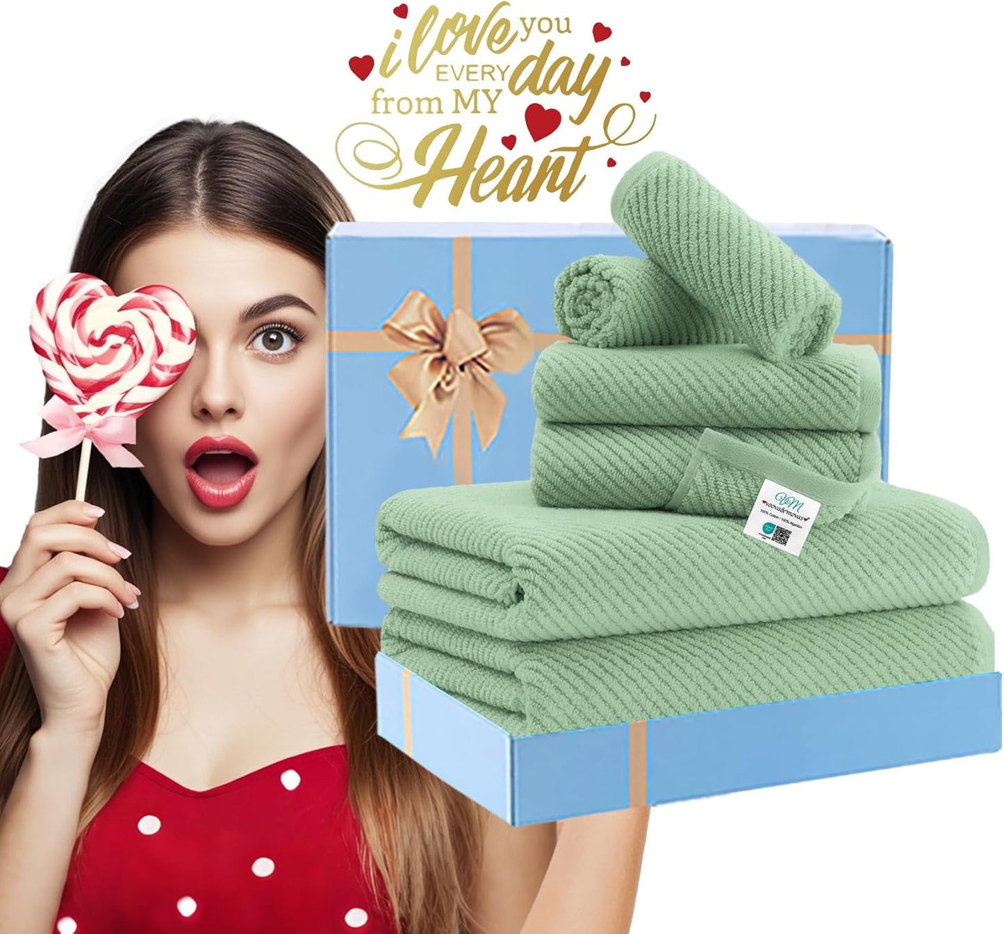 VOOVA & MOVAS Green Towels for Bathroom - 100% Cotton | Quick Dry | Lightweight | Thick | Soft, 6 Piece Towel Set, 2 Large Bath 30"x56", 2 Hand 18"x28", 2 Wash Cloths 13"x13", Towel Gift Set, Sage