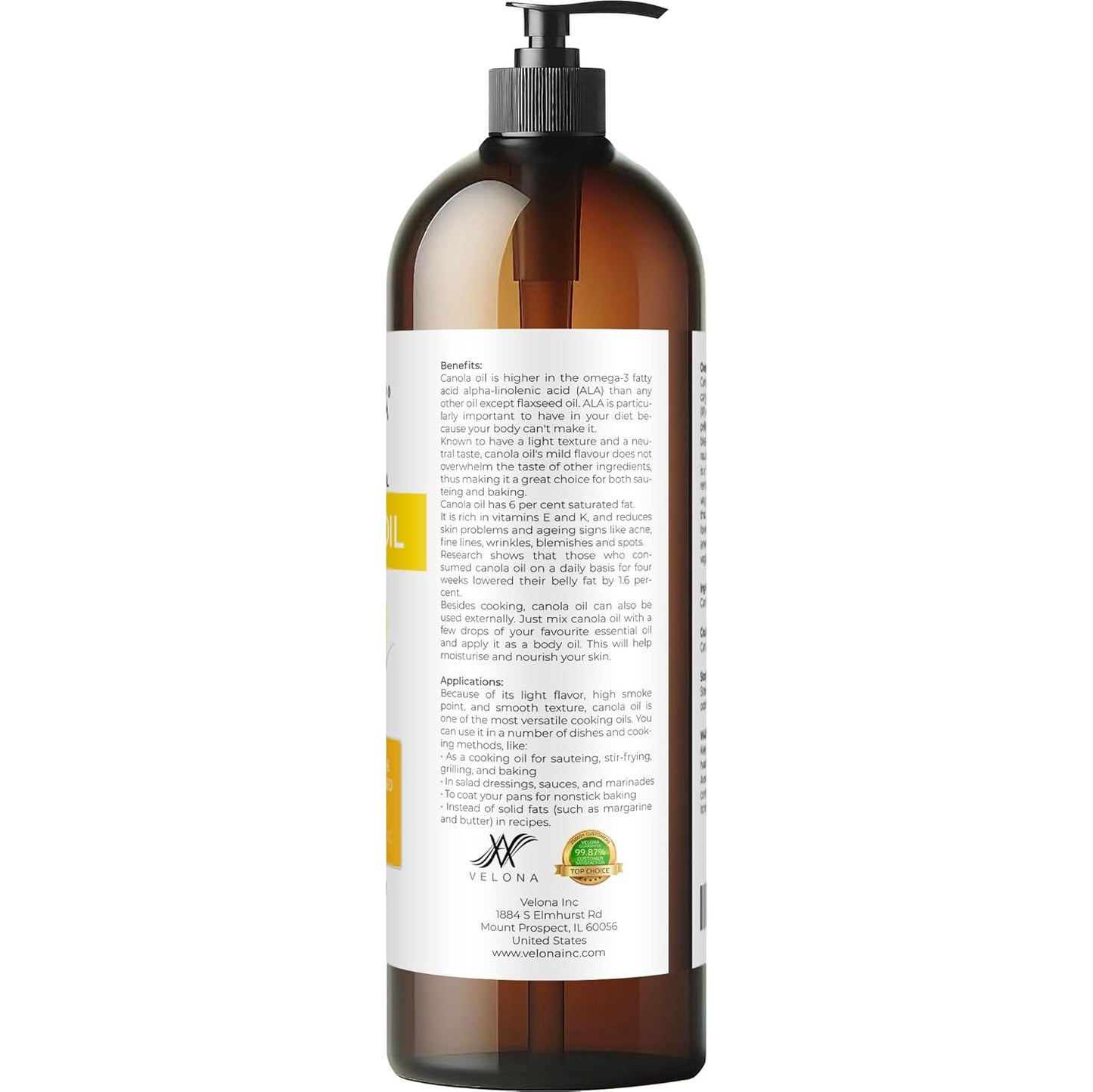velona Canola Seed Oil 32 fl oz | 100% Pure and Natural Carrier Oil | Refined, Expeller pressed | Cooking, Dressing, Skin, Face, Body, Hair Care | Use Today - Enjoy Results