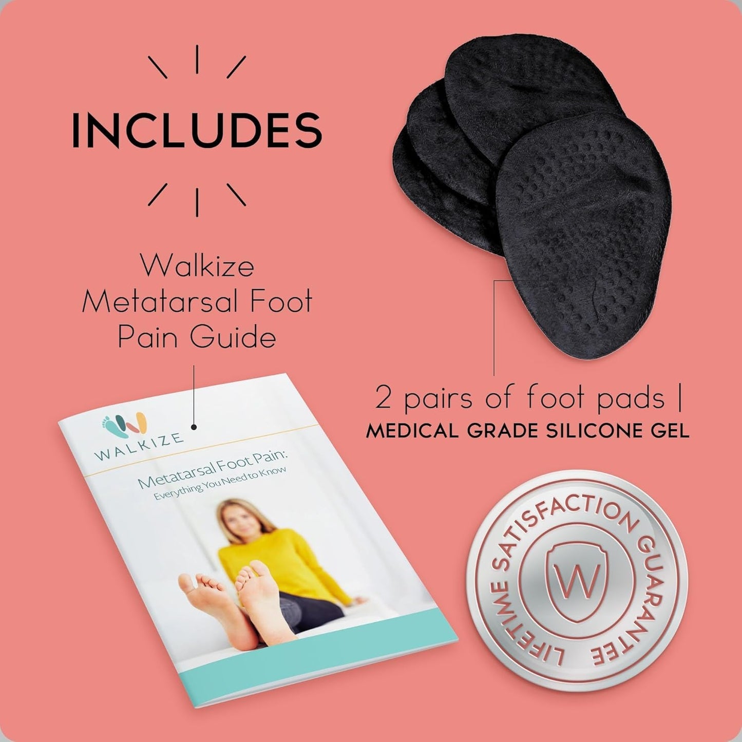 Walkize Metatarsal Pads Women | Heel Inserts for Women | Ball of Foot Cushions (2 Pairs Foot Pads) All Day Pain Relief and Comfort One Size Fits Shoe Inserts (Black)