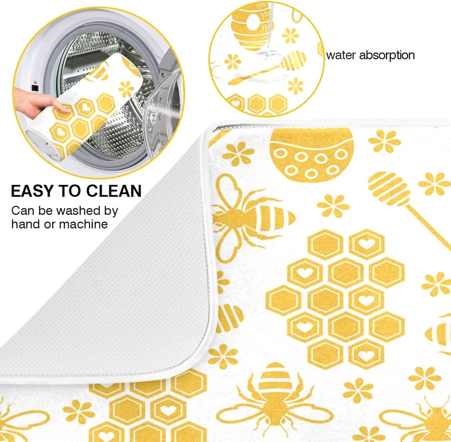 Yellow Dish Drying Mat Bee Honey Large Kitchen Counter Mat 18x24 Inch Microfiber Drying Pad Bottles Dish Drainer Mats Absorbent Microfiber Sink Mats
