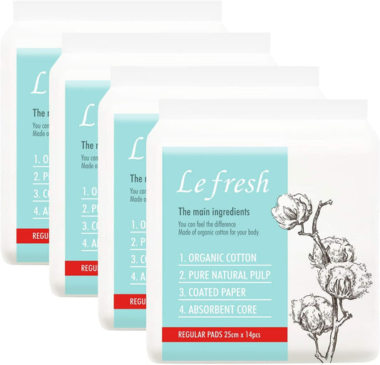 Lefresh Organic Cotton Cover Pads with Wings | Regular, 56 Count | Regular Absorbency - Unscented - Vegan - Chlorine Free - Ultra Thin Pads for Women