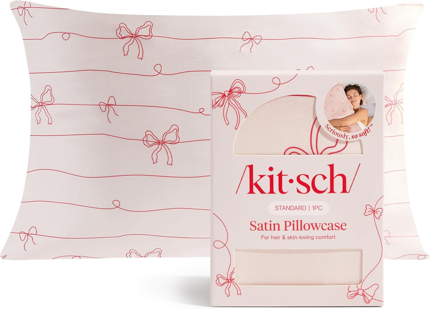 Kitsch Satin Pillowcase, Softer Than Silk Pillow Cases Queen, Cooling Pillow Covers, Satin Pillowcase w/Zipper for Hair, Skin & Quality Sleep, Wrinkle-Free & Smooth, Queen Size 19"x26" Striped Bows