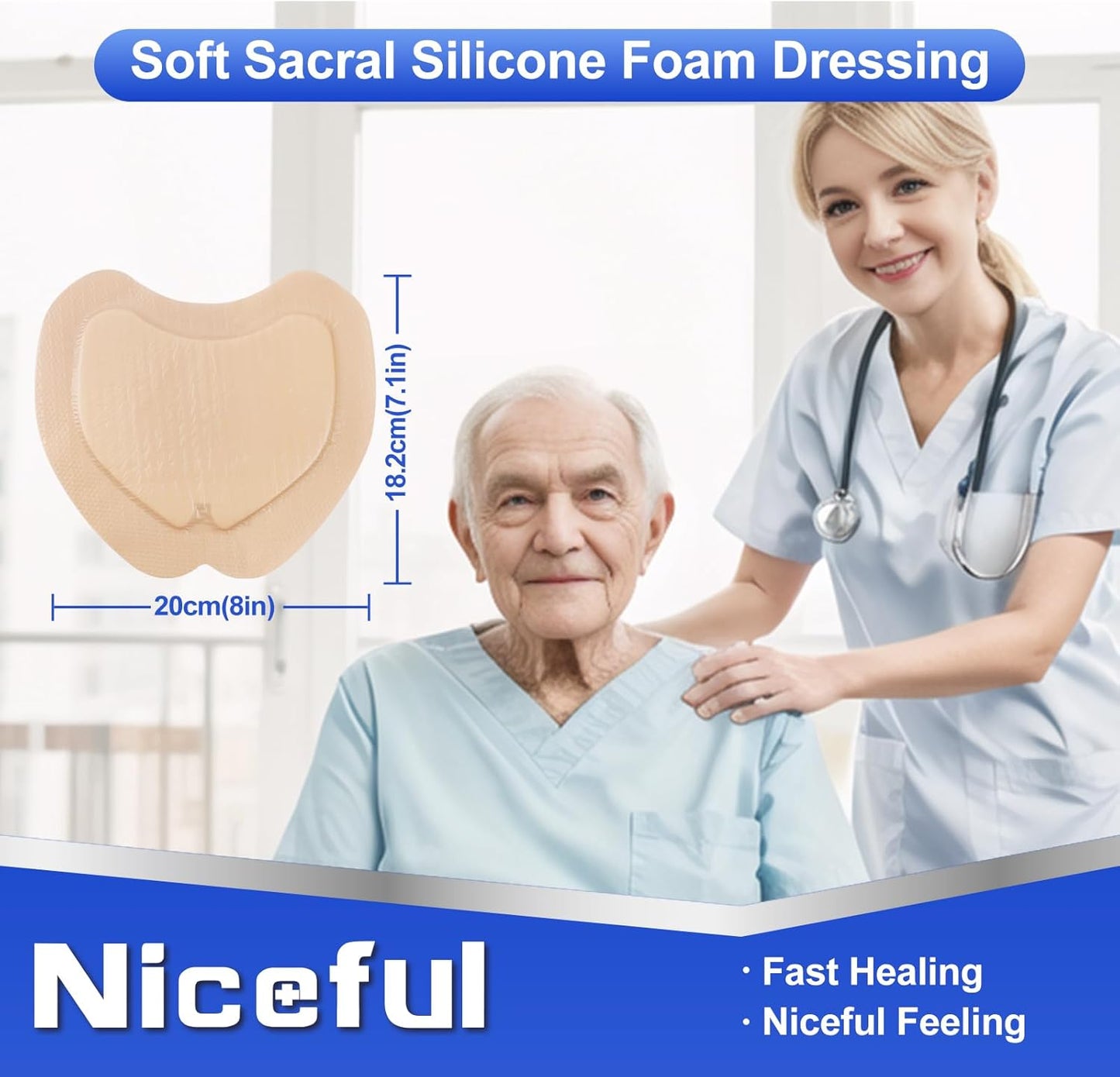 Sacral Foam Dressing 7.1" x 8", Sacrum Silicone Foam Dressing with Border, Bed Sore Bandages Large Wound Care Pads (5 Count)