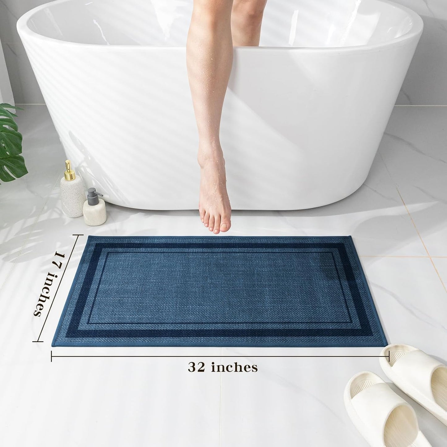 chakme Bathroom Rugs Mat 32x17, Ultra Thin Non Slip Bath Mat Quick Dry Absorbent Bath Mat for Bathroom, (Dark Blue, 32"x17")