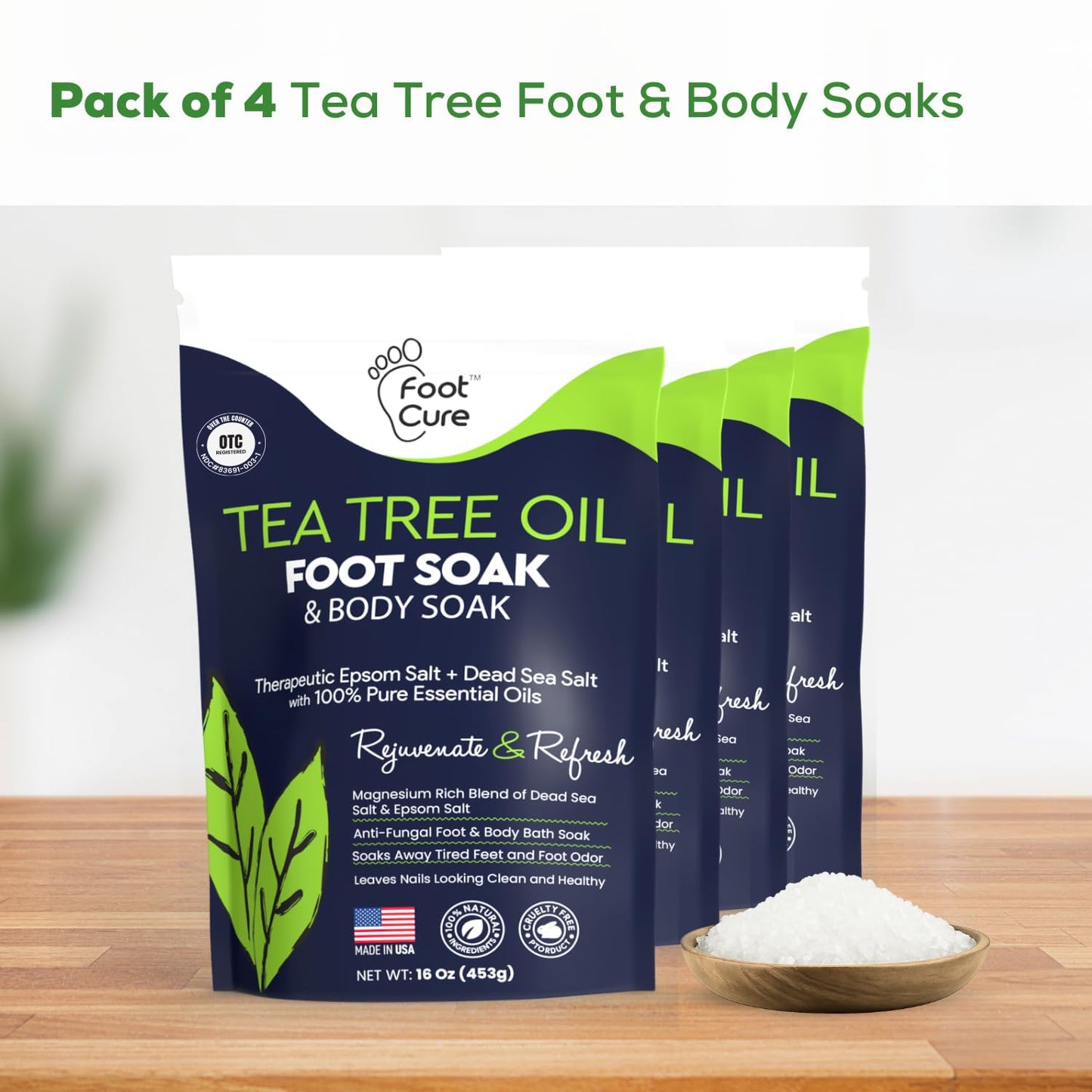 FOOT CURE Tea Tree Oil Foot Soak with Epsom Salts- for Foot Pain, Soreness, Athletes Foot, Odors, Toe Nail Fungus, Fungal, Calluses (Pack of 4)