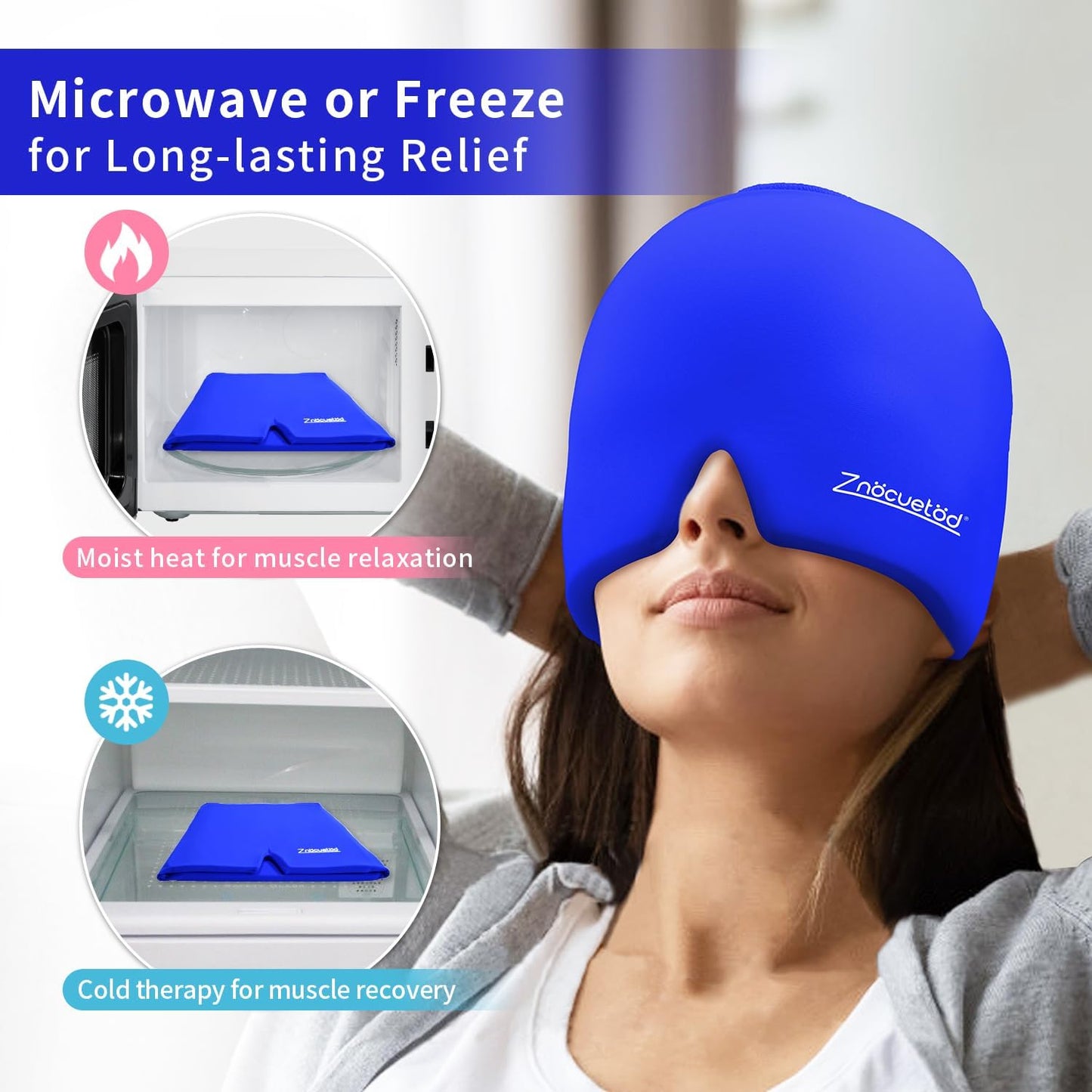 ZNÖCUETÖD Migraine Headache Relief Cap Hat Full Head ice Pack Wrap Cooling Gel Ice Beanie Cold Cap Hot/Cold Compress Therapy for Sinus, Stress, Tension, Hangover Headache Pain Relief, Men Women