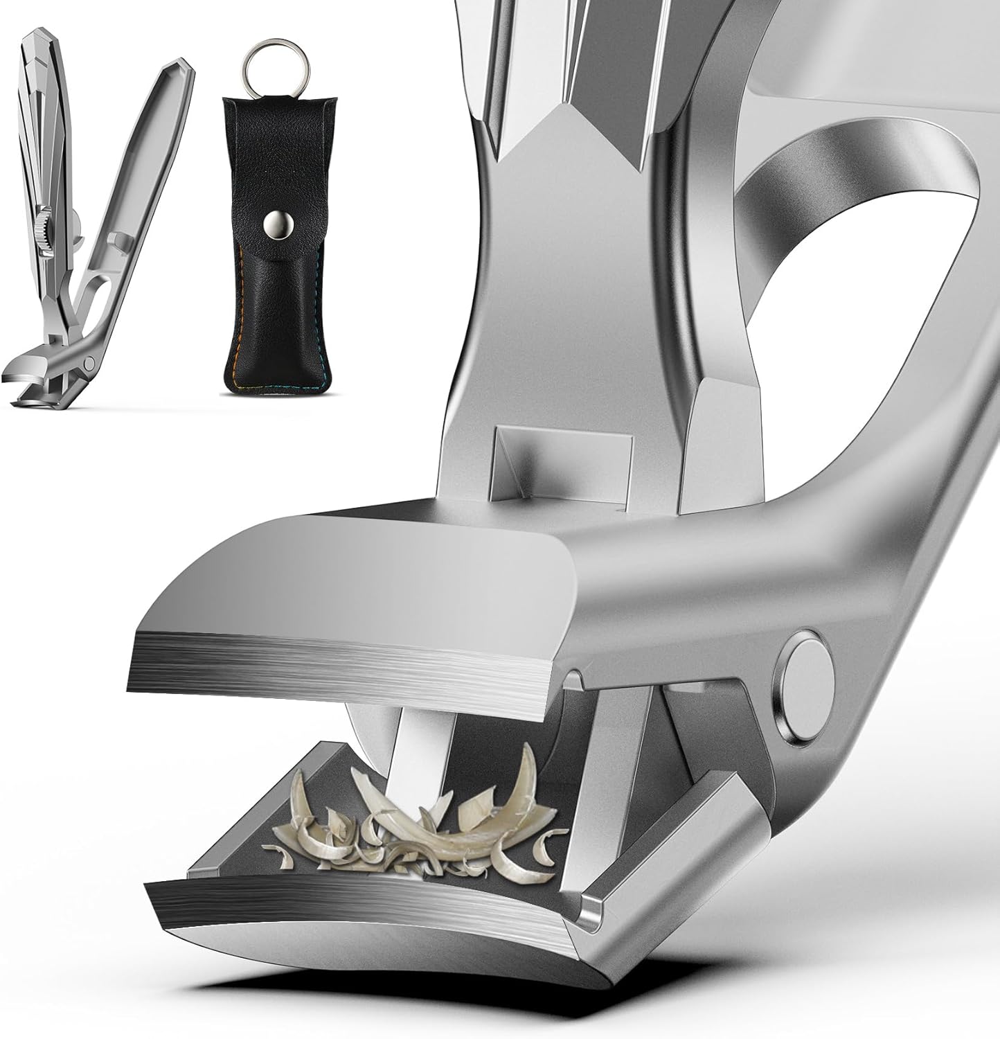 FVION Angled Head Toe Nail Clippers for Thick Nails - Ergonomic Long Handle Toenail Clippers for Seniors with Safety Lock, Stainless Steel Finger Nail Clippers with Catcher for Men and Women (Silver)