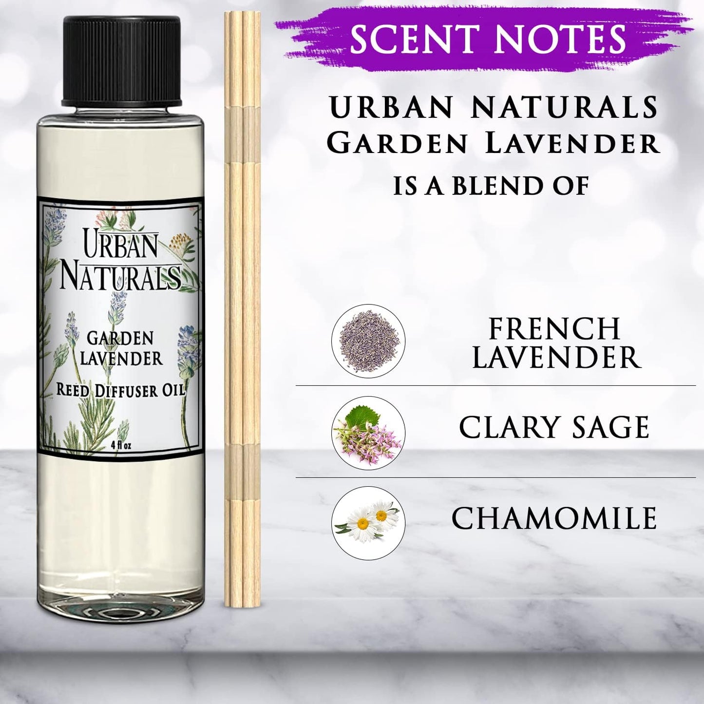 Urban Naturals Garden Lavender Scented Oil Reed Diffuser Refill | Includes a Free Set of Reed Sticks! Calming, Herbal Fragrance – 4 oz. Made in The USA
