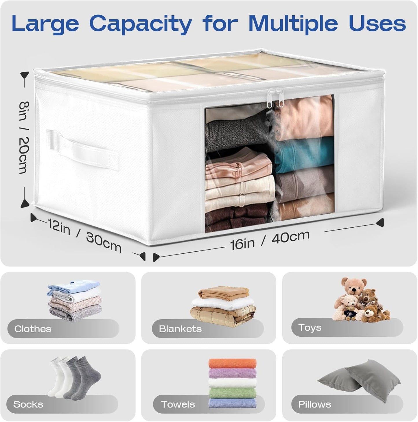 Clothes Storage Bags, Foldable Thick Fabric Blanket Storage Bags, Large Clear Window & Carry Handles, Great for Clothes, Blankets, Closets, Pillows, Toys (White, 6PACK)