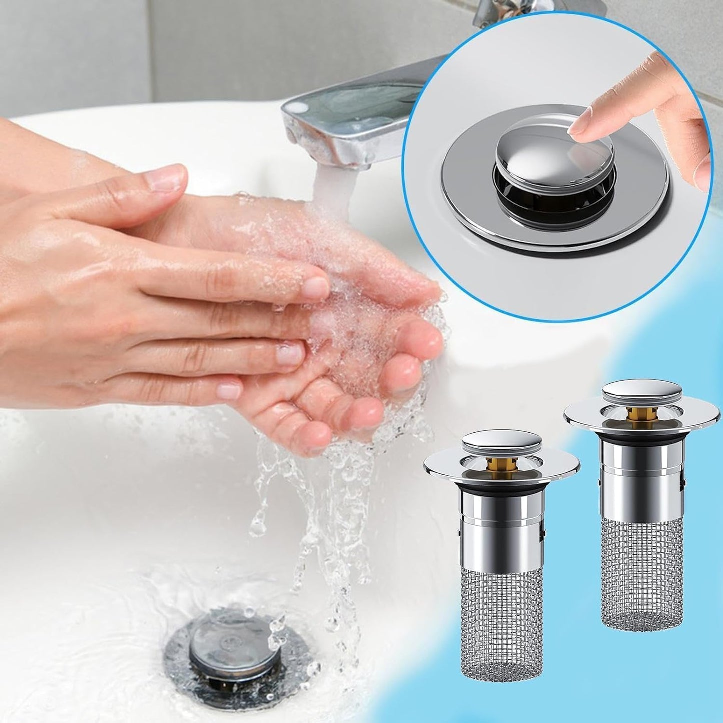 Sink Plug Hair Trap, Off-Bathroom Sink Stopper Hair Catcher, 2026 New Universal Pop up Sink Drain Filter, Stainless Steel Floor Drain Filter Bathroom Sink with Basket, Easy to Install (2Pack)