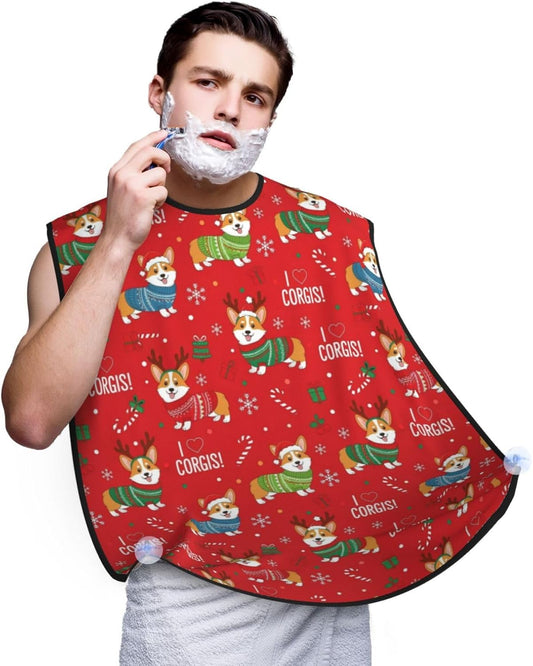 Beard Hair Catcher Bib, Waterproof Non-Stick Grooming Apron for Shaving Trimming, Perfect for Men Dad, Christmas Red Corgis Dog Shave Bib