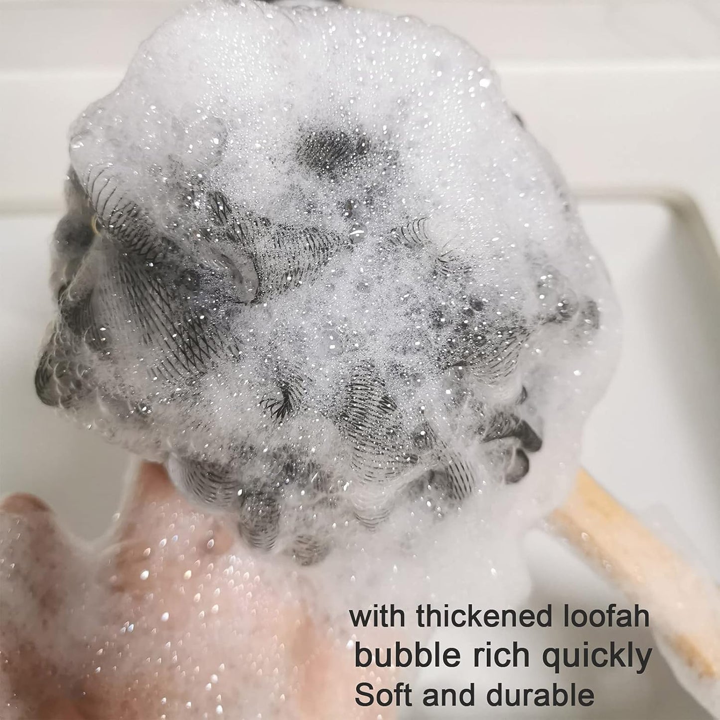 Shower Sponge Loofah Back Scrubber, Soft Mesh Body Scrubber with Wooden Handle, Bath Sponge for Women Kids (Black)