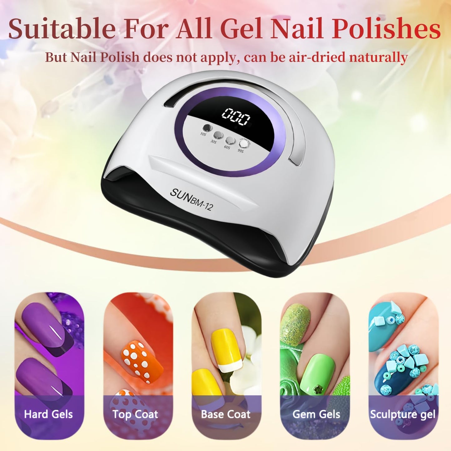 UV LED Nail Lamp with 72 Beads, 300W Nail Curing Lamps for Gel Polish with Automatic Sensor/4 Timer Setting,Led Nail Dryer, Professional Nail Art Drying Tools for Fingernail and Toenail.BM-12 PRO
