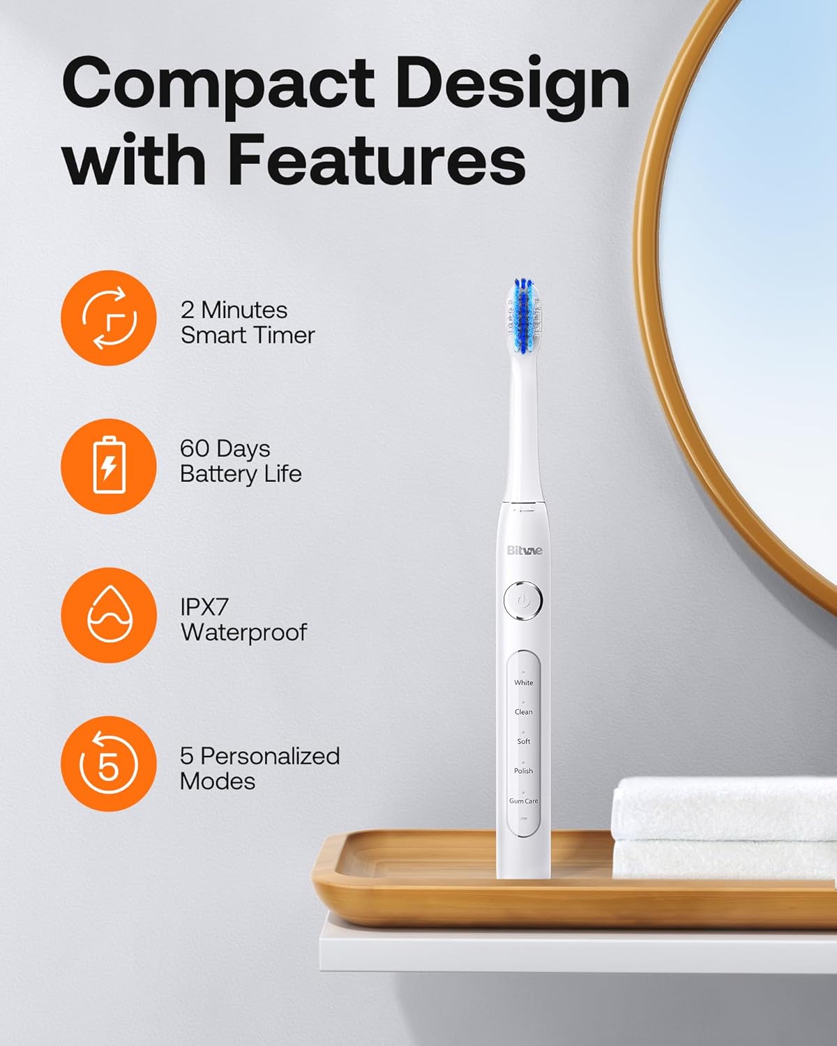 Bitvae Ultrasonic Electric Toothbrush for Adults and Kids, ADA Accepted Travel Toothbrush with Rechargeable 60-Day Battery Life, 5 Modes, 8 Heads, Case, Holder, Frost White