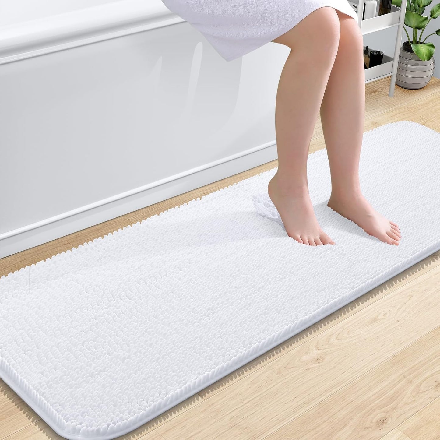 OLANLY Bathroom Rugs 59x20, Extra Soft Absorbent Chenille Bath Rugs, Rubber Backing Quick Dry, Machine Washable Bath Mats for Bathroom Floor, Tub and Shower, Home Decor Accessories, White