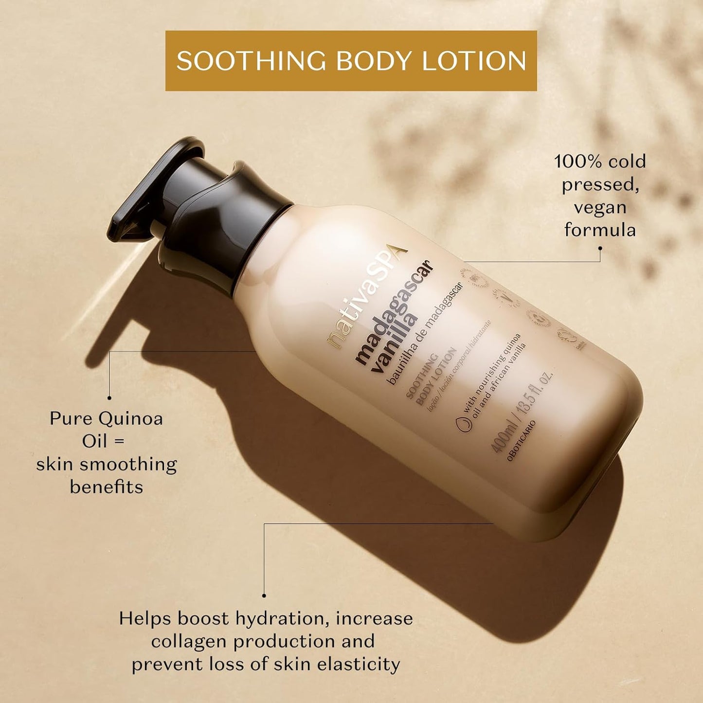 Nativa SPA by O Boticário, Madagascar Vanilla Moisturizing Body Lotion, Fragranced Skin Moisturizer with Purified Quinoa Drops, 13.5 Ounce