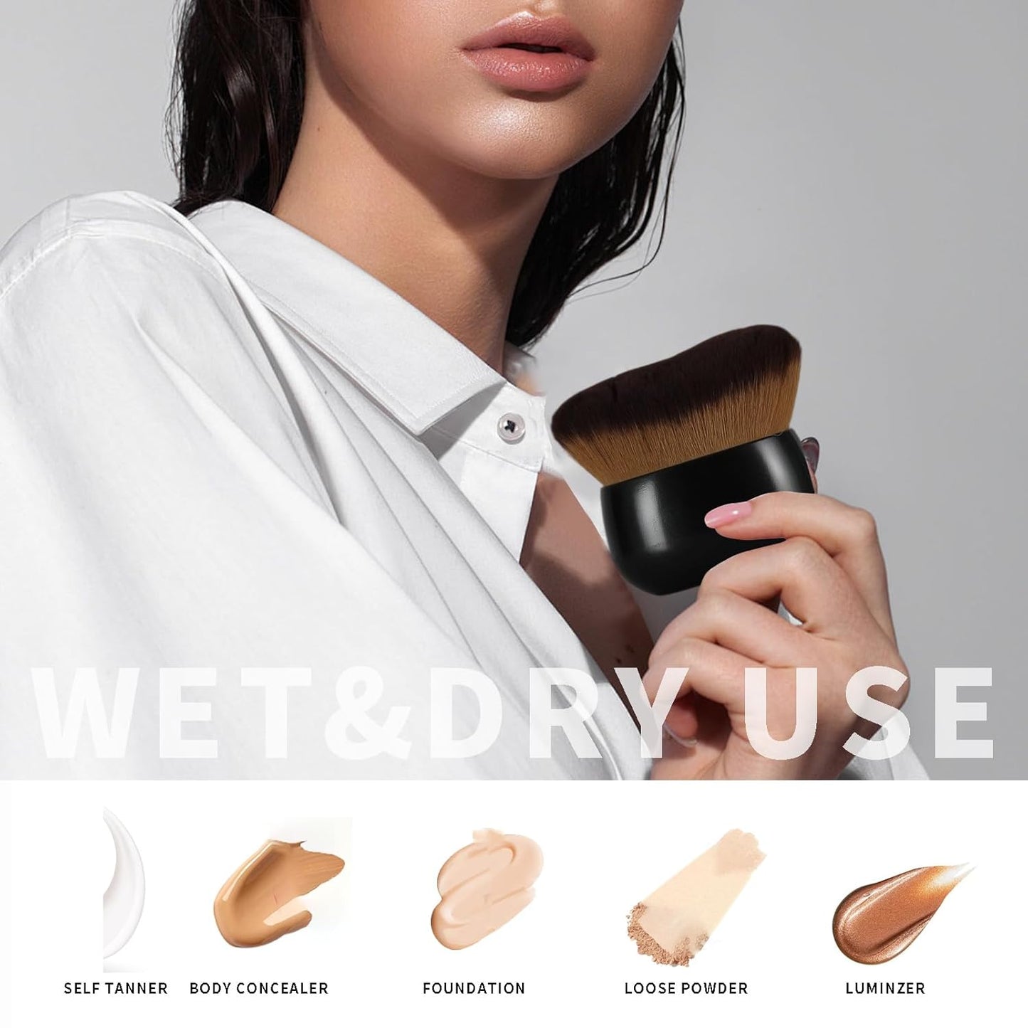 Extra-Large 75mm Body Makeup Brush Vegan Synthetic Bristles for Streak-Free Self Tanner, Bronzer & Foundation, Wet/Dry Use, Oval Face & Back Application–Black