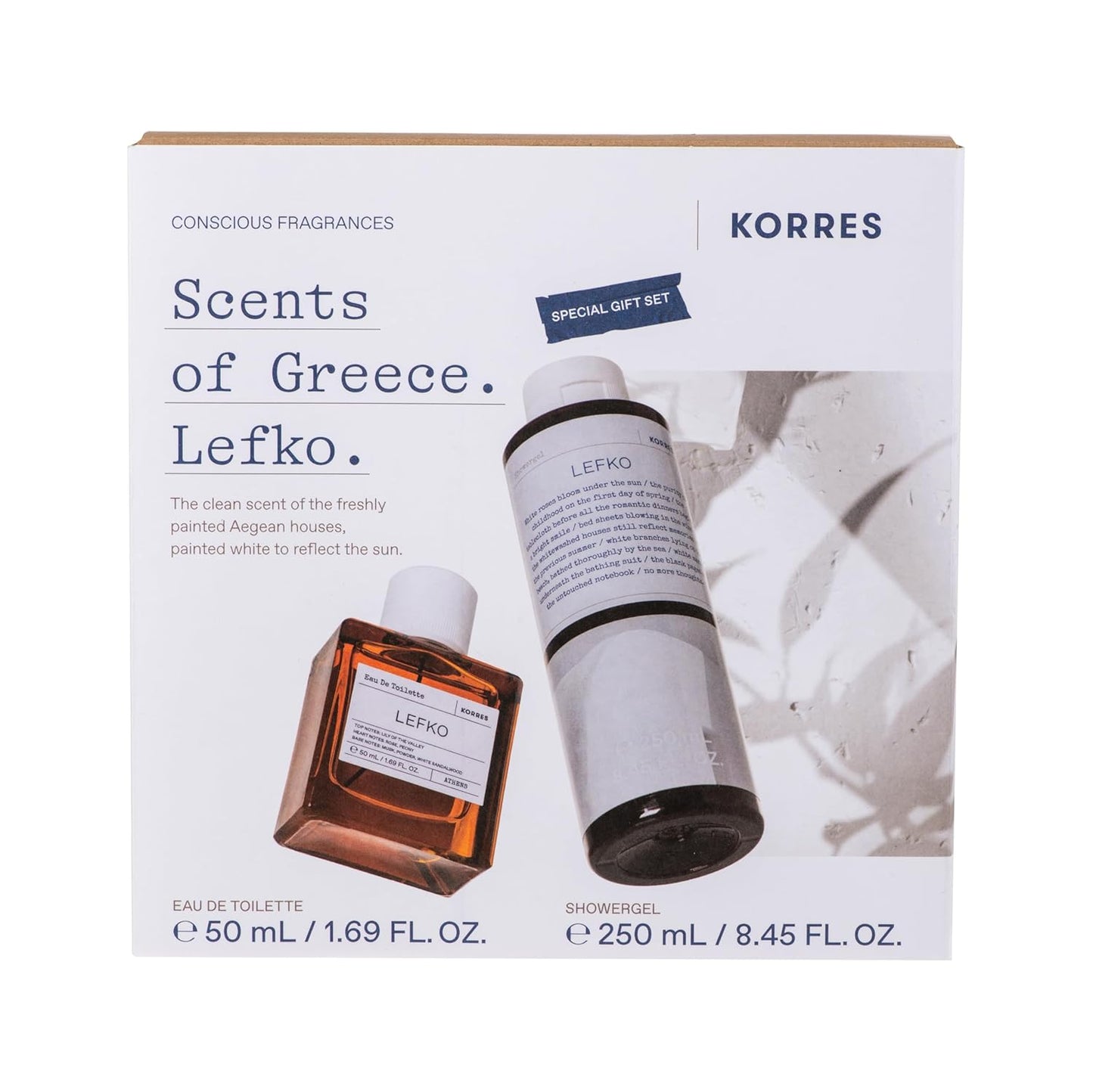 KORRES Lefko Eau De Toilette 1.69 Fl Oz & Shower Gel 8.45 Fl Oz Set, Floral Musk Inspired by Aegean Homes, With Aloe & Marshmallow Root Extract, Unisex Care, Vegetarian, Cruelty Free, Made in Greece