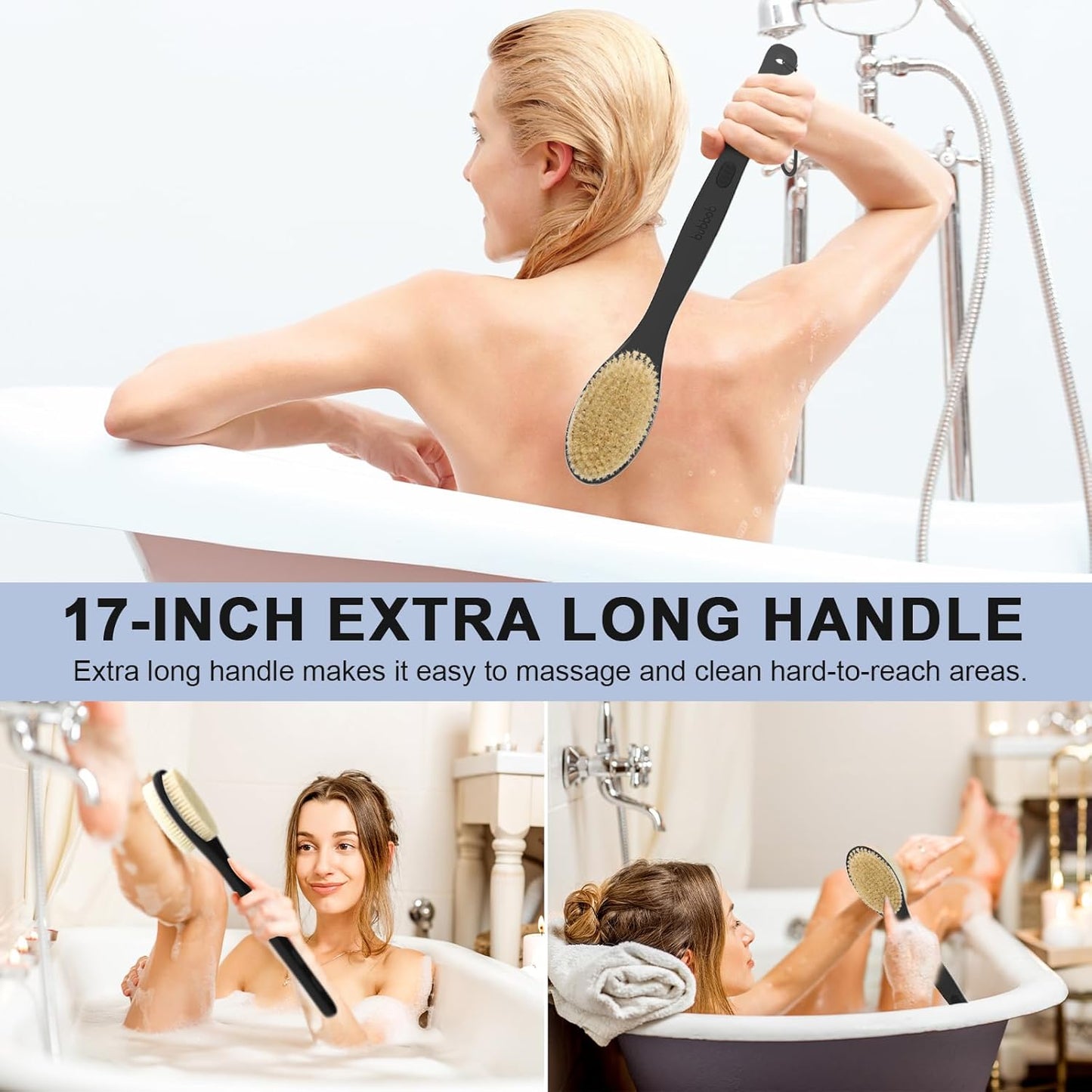 Back Scrubber, Back Scrubber for Shower, Bath Brush Long Handle for Shower with Double Sided Bristles for Wet or Dry Brushing (Black)