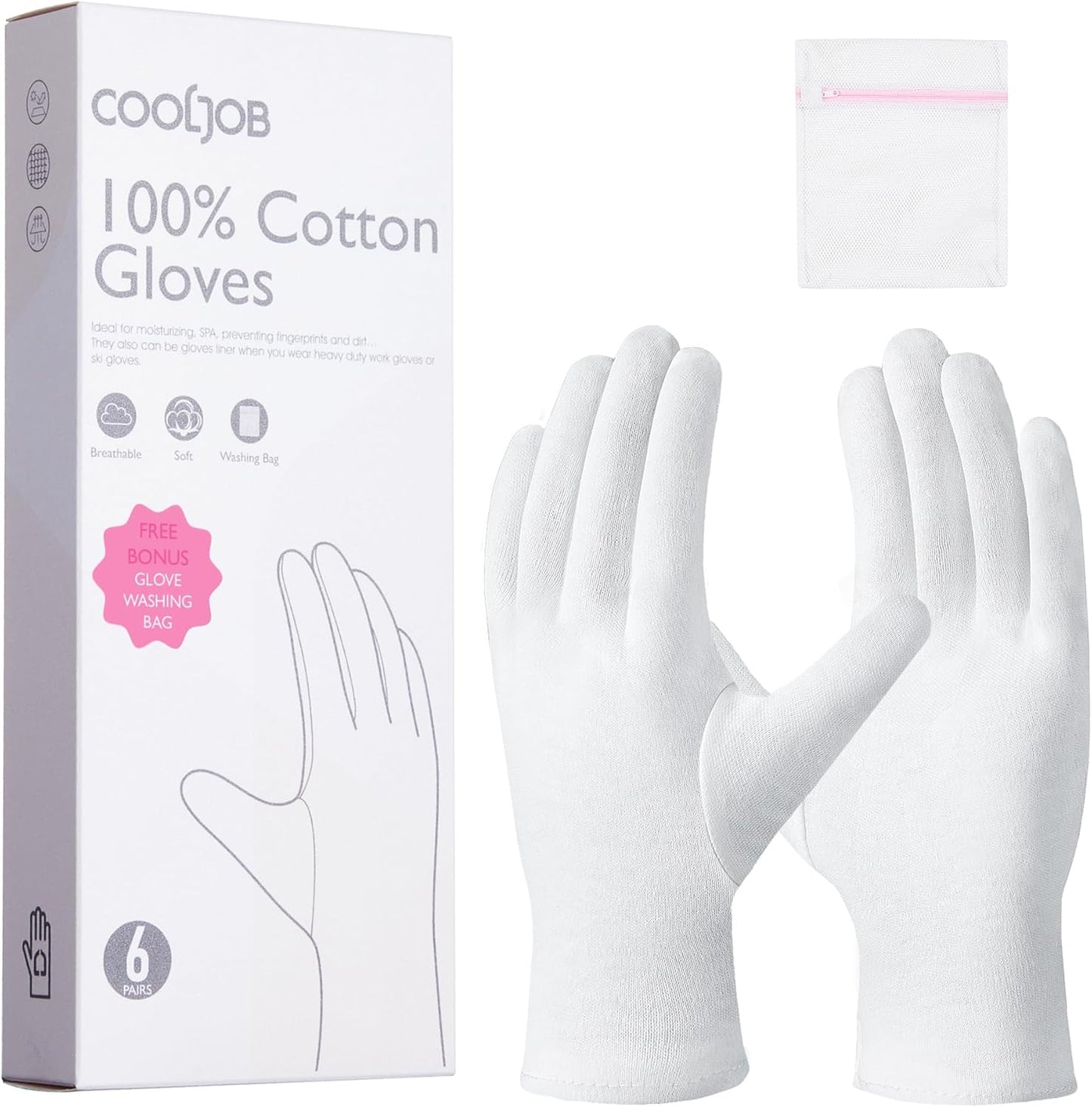 COOLJOB 6 Pairs 100% Cotton Gloves for Dry Hands Moisturizing & Eczema, Overnight Lotion, Sleep & Spa Treatment for Women & Men, Breathable Work Glove Liners, White, X-Small