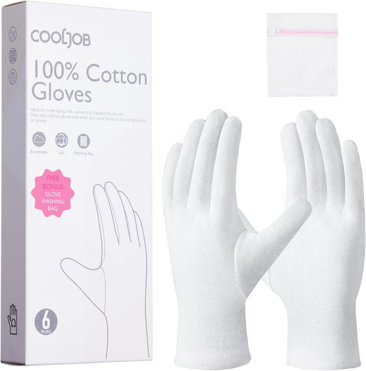 COOLJOB 6 Pairs 100% Cotton Gloves for Dry Hands Moisturizing & Eczema, Overnight Lotion, Sleep & Spa Treatment for Women & Men, Breathable Work Glove Liners, White, X-Small