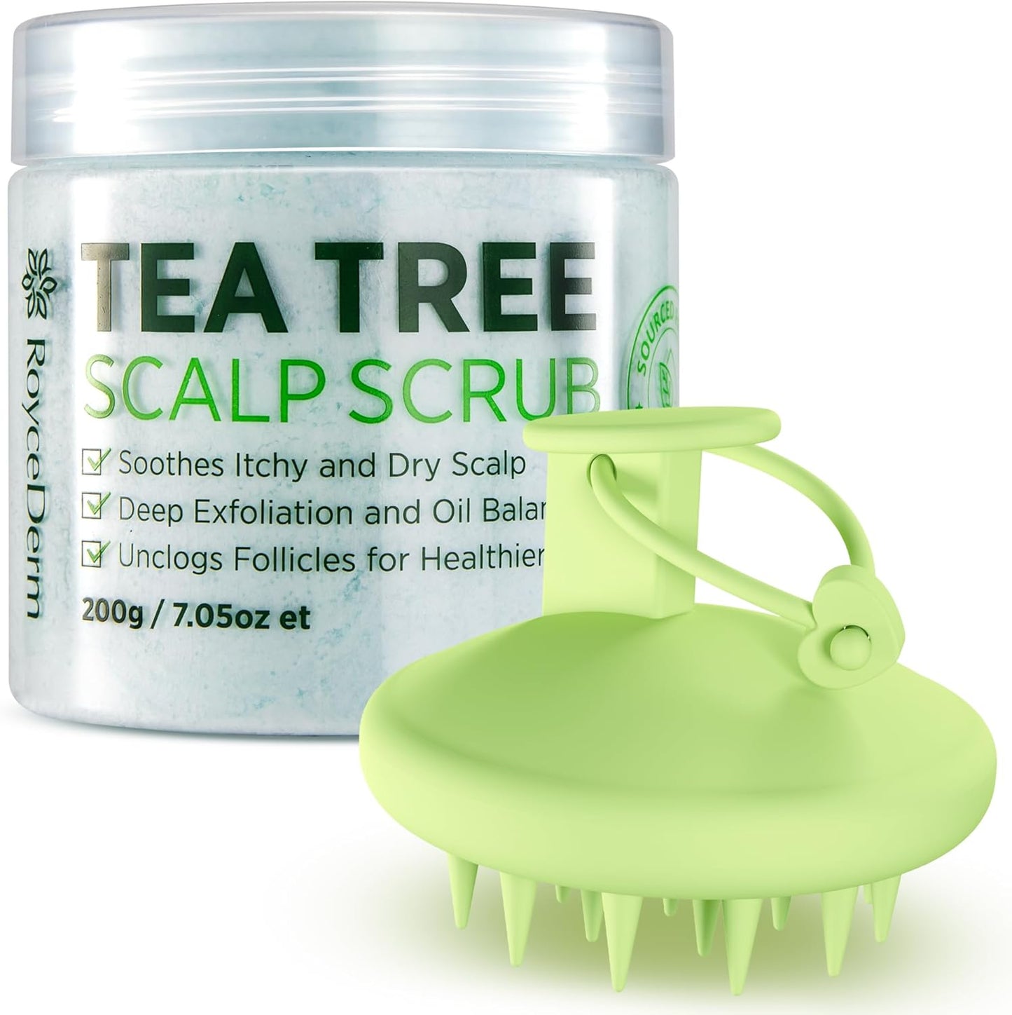 Roycederm Tea Tree Scalp Scrub with Scalp Massager Brush - Deep Cleansing, Itchy Relief Scalp Treatment for Dandruff, Psoriasis & Seborrheic Dermatitis - Gently Exfoliator, Relieves Dryness