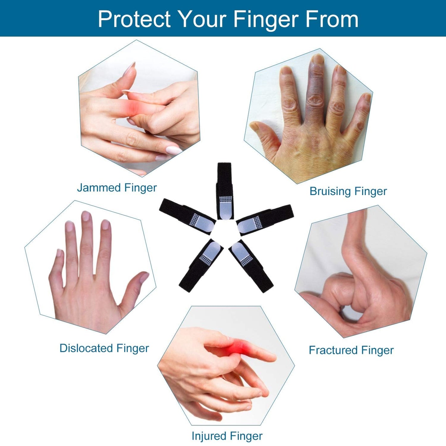 Sumifun Buddy Finger Wraps, Pack of 6 Finger Tapes for Broken, Sprained, Fractured Finger, Finger Straps for Jammed, Swollen, Dislocated Joint (Black)