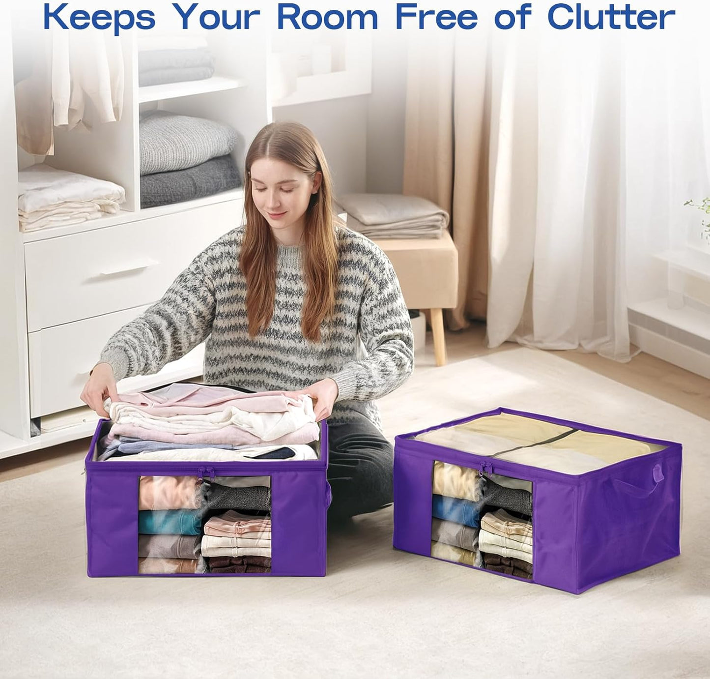 Clothes Storage Bags, Foldable Thick Fabric Blanket Storage Bags, Large Clear Window & Carry Handles, Great for Clothes, Blankets, Closets, Pillows, Toys (Purple, 6PACK)