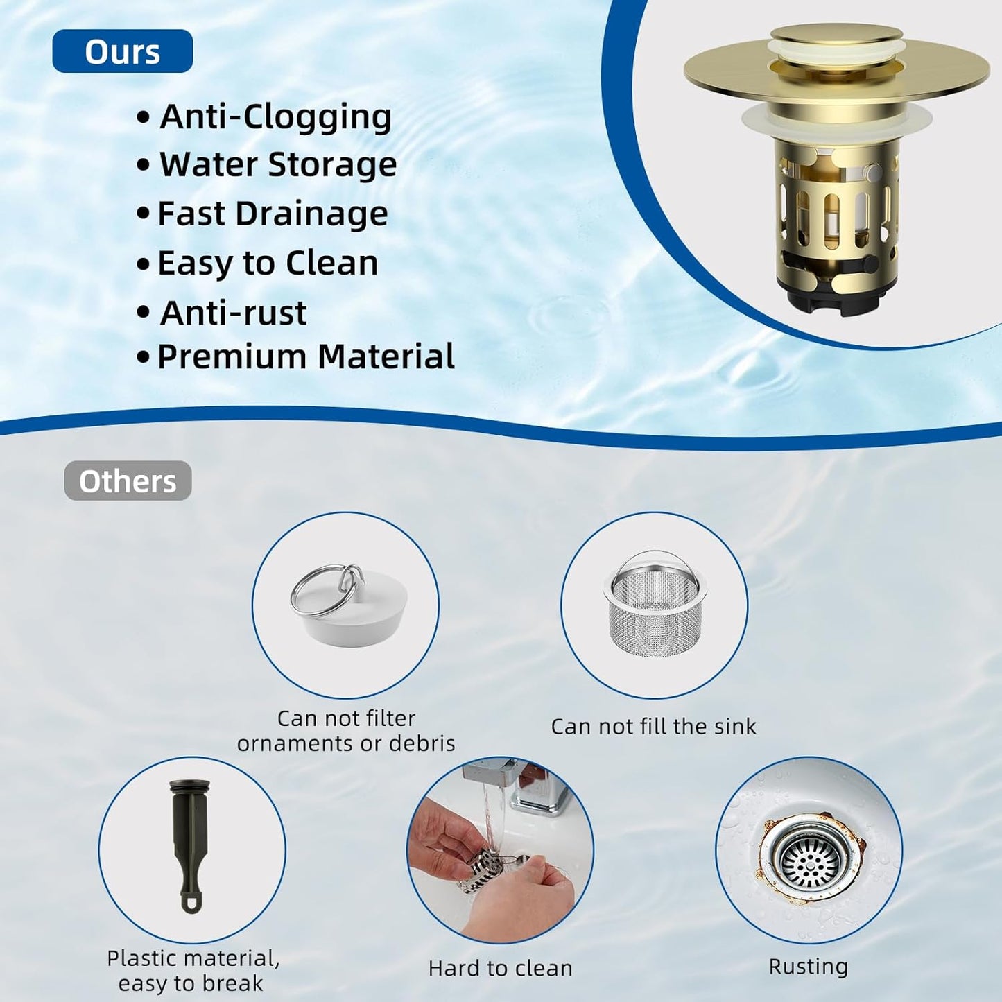 Hibbent Upgraded 3 in 1 Bathroom Sink Drain Strainer, Universal Pop Up Stopper with Removable Stainless Steel Filter Basket Hair Catcher, Sink Plug for 1.1''~2.36'' Basin, Brass Core, Brushed Gold