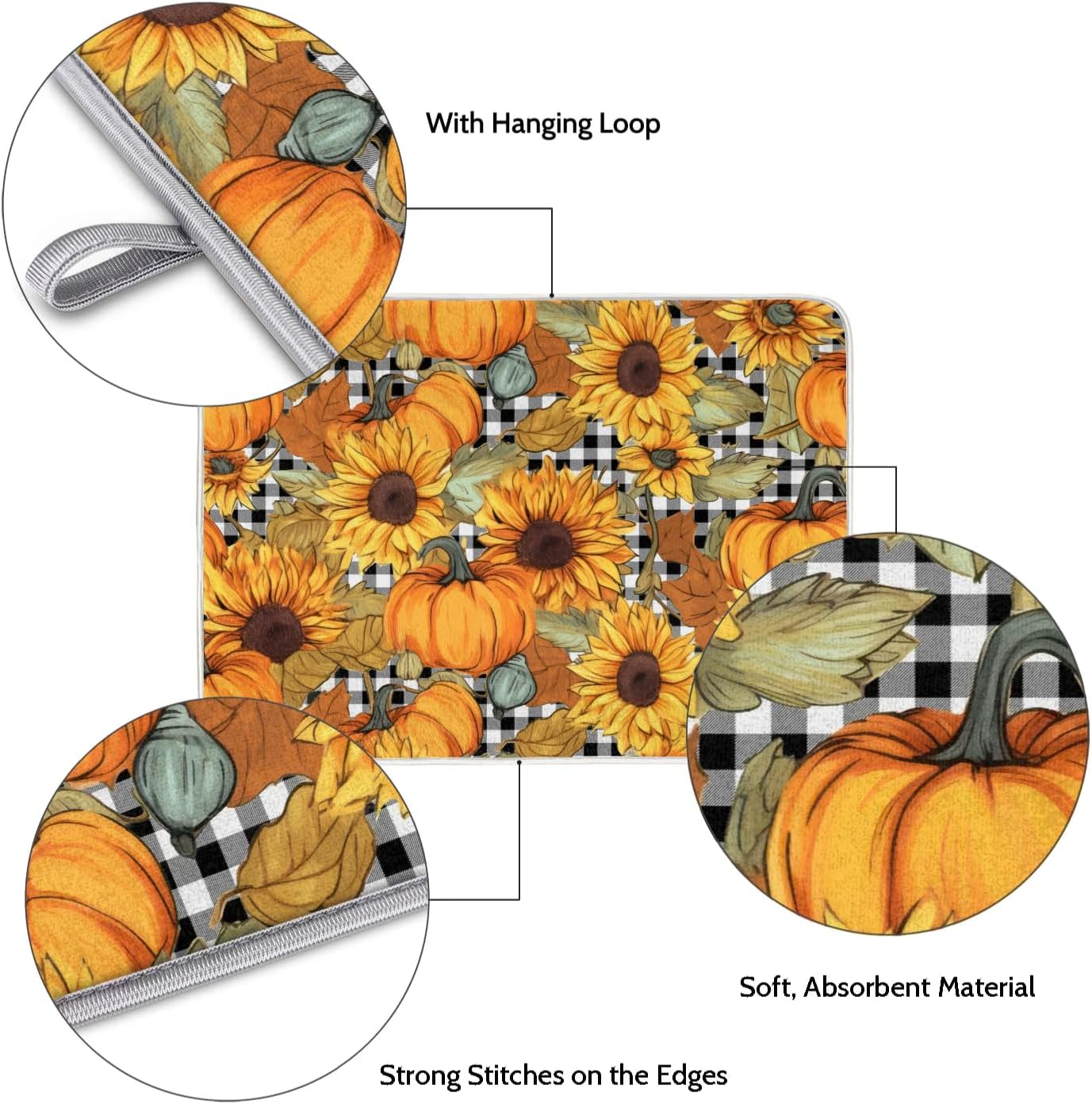 Hexteria Dish Drying Mat for Kitchen Counter Absorbent Microfiber Kitchen Drying Mat Summer Pumpkin and Sunflower Dish Drainer Rack Mat Heat Resistant 16 x 18