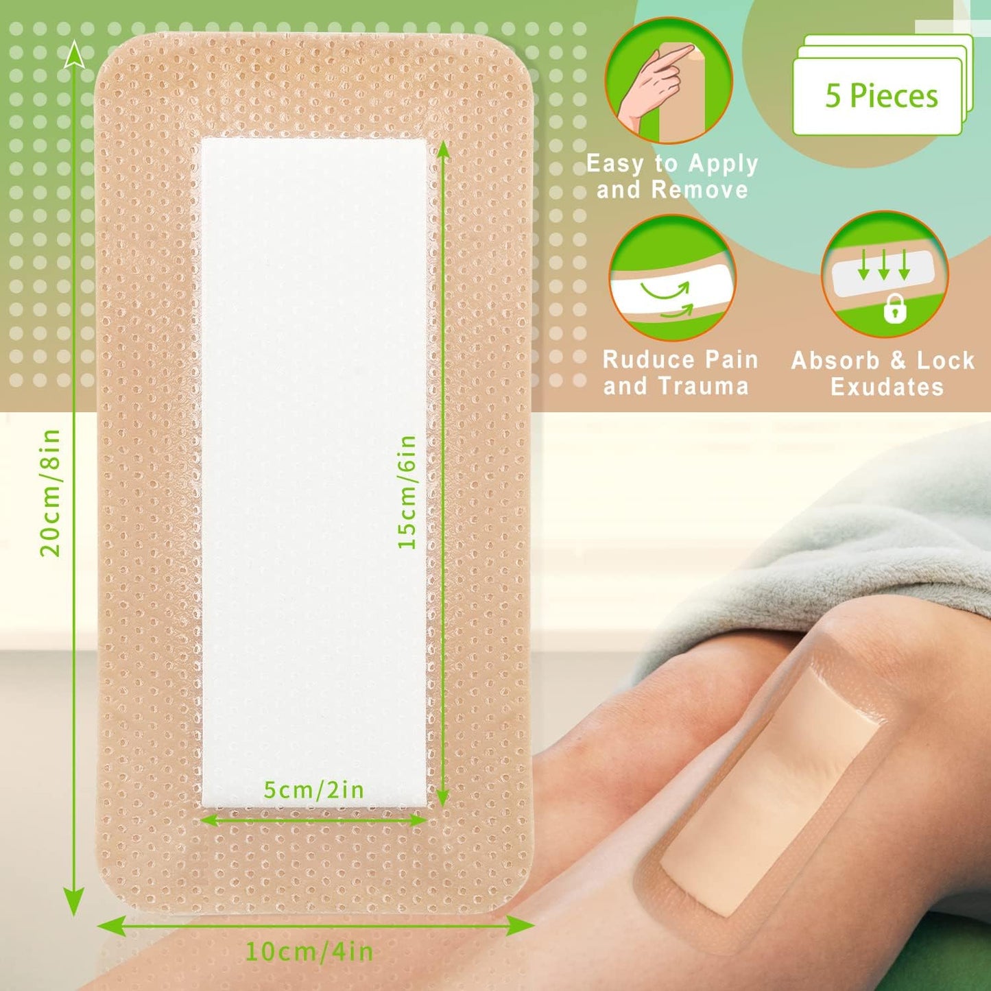 Silicone Foam Dressing with Gentle Border for Post-op Surgical Wounds 4''x8'', Absorbent Pad 2''x6'', Pack of 5, Silicone Wound Bandages for Cuts, Abrasions, Bed Sore, Pressure Ulcer