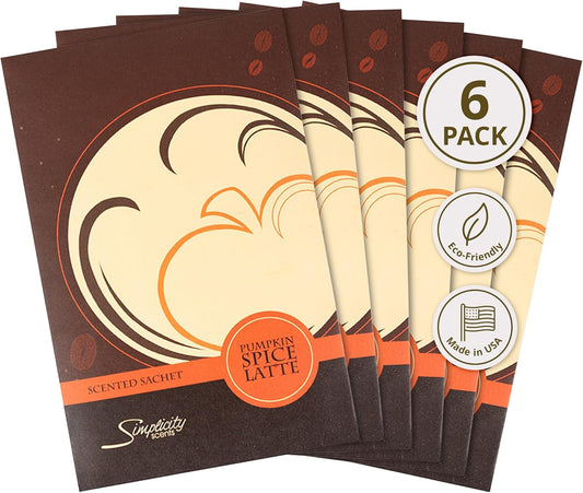 Pumpkin Spice Latte Scented Sachets Pack of 6, Fall & Winter - Long-Lasting Scented Bags, Home Fragrance, Air Freshener & Deodorizer for Closet, Room, Drawer, or Cars, Made in USA