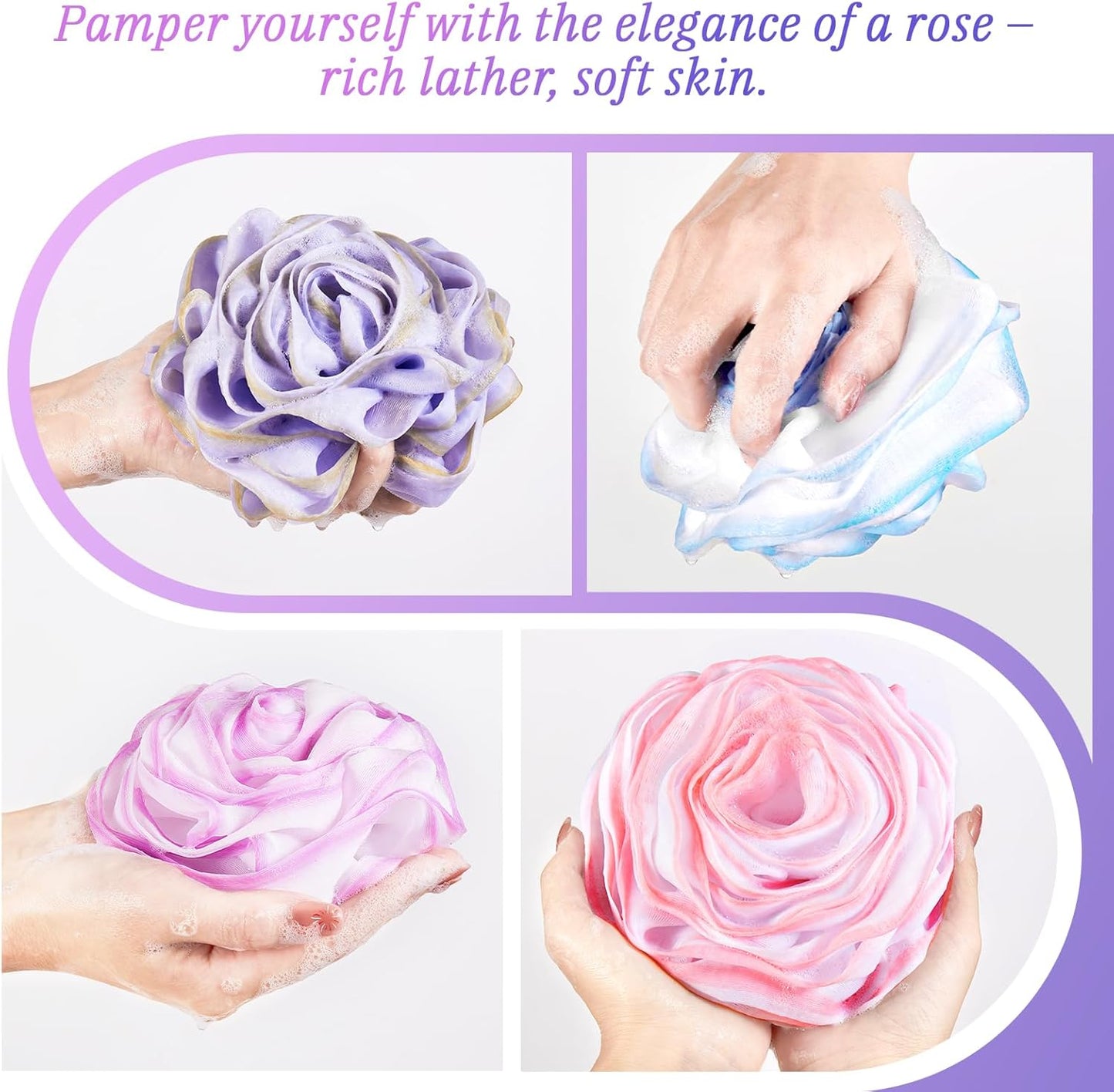 Bath Loofah, Shower Sponge, Body Scrubber, Rose-Shaped, Elegant (Set of 4 Pieces)